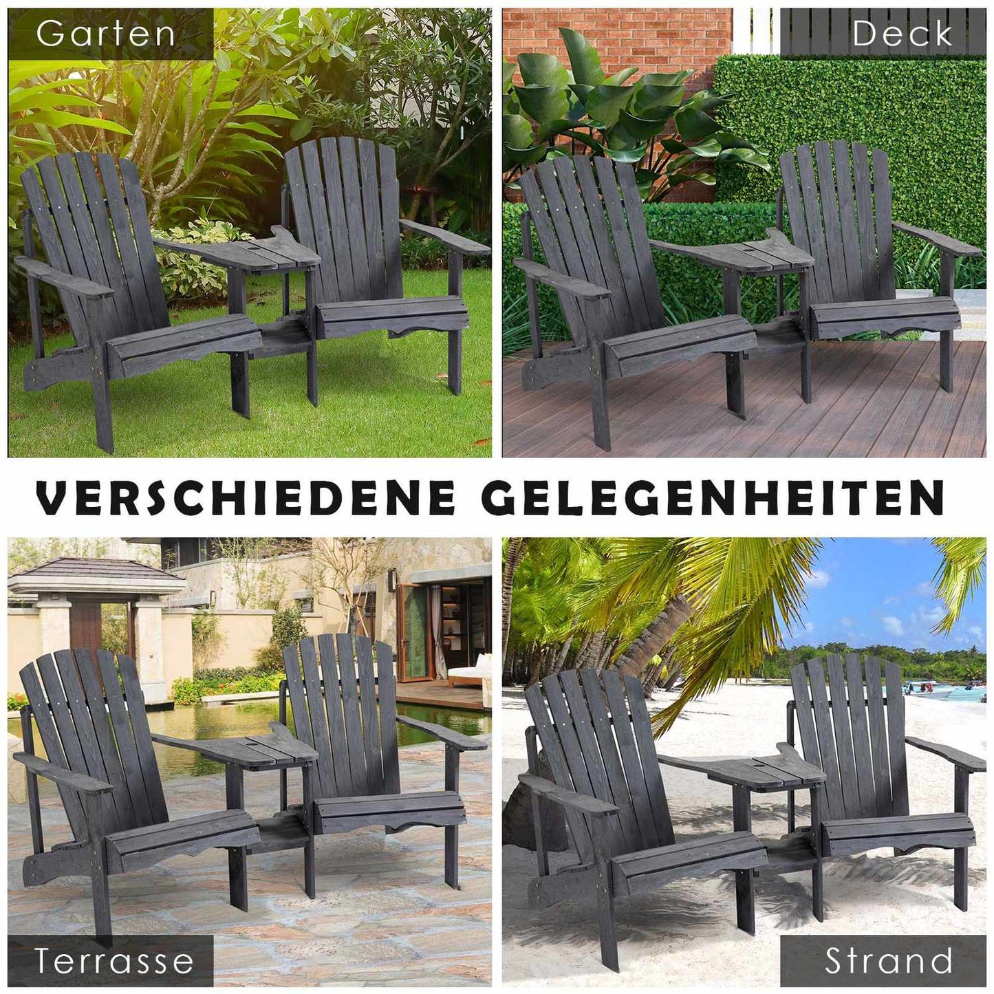 Adirondack 2-seater garden chair set, wood, dark grey