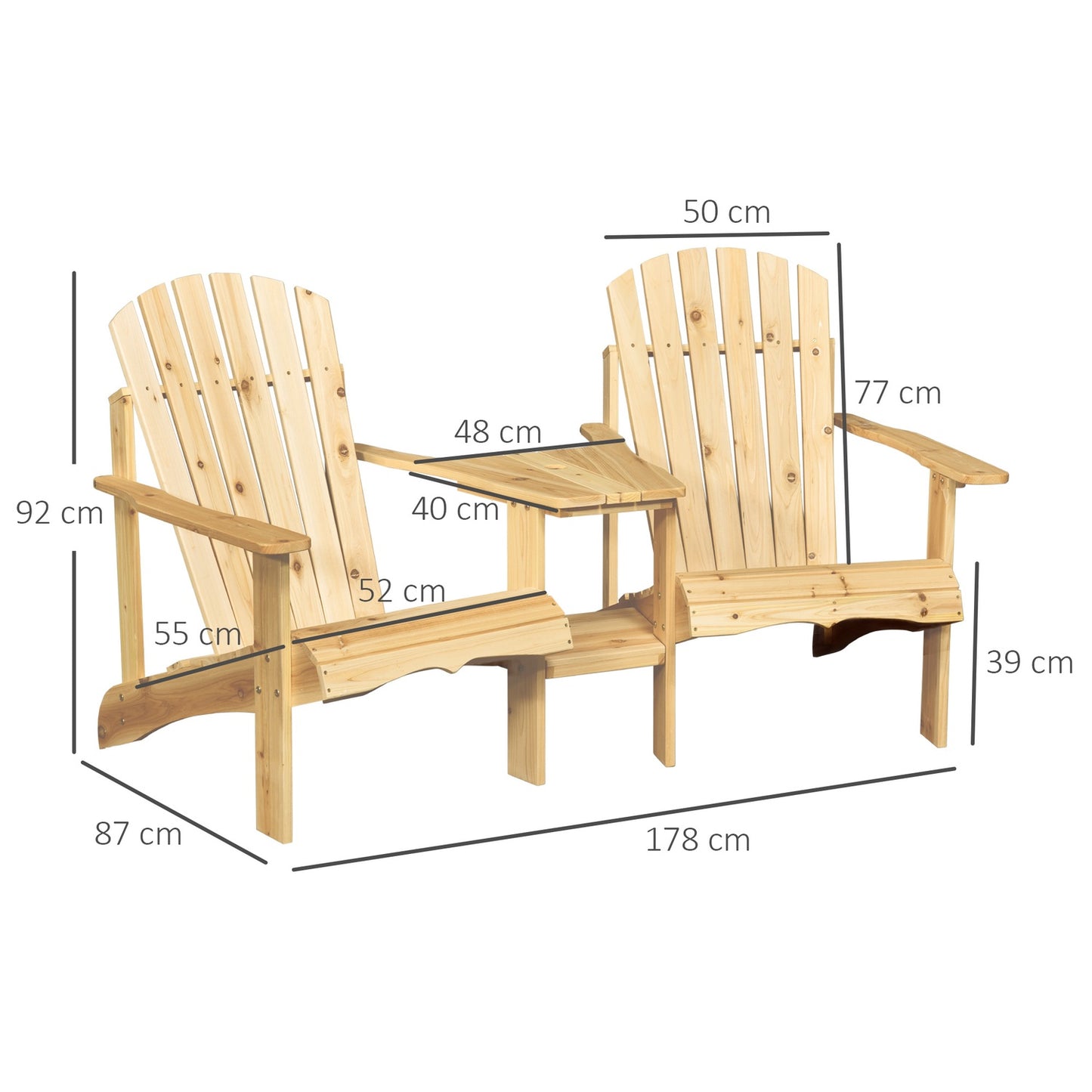 Solid wood Adirondack garden chair set with table, 2-seater