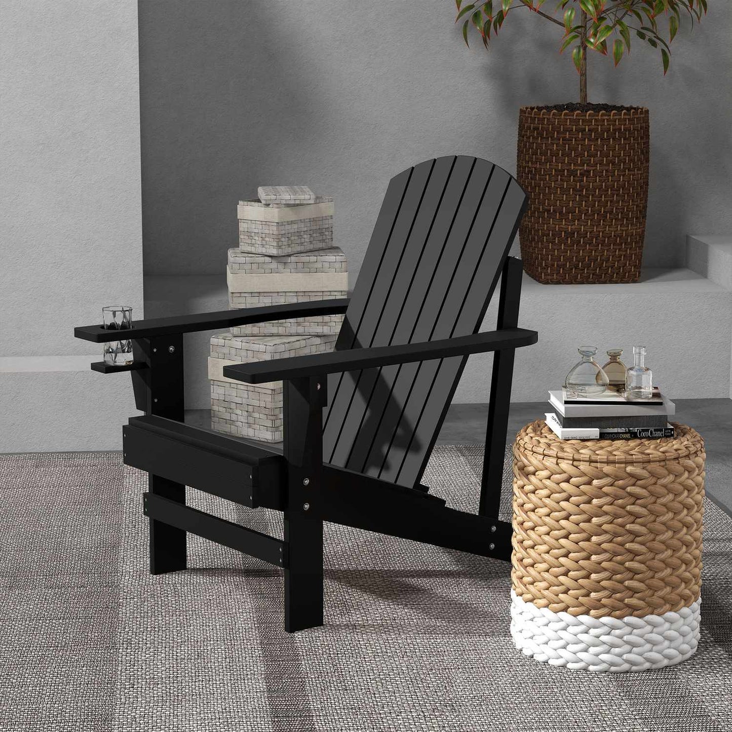 Adirondack garden chair, solid wood, black with cup holder
