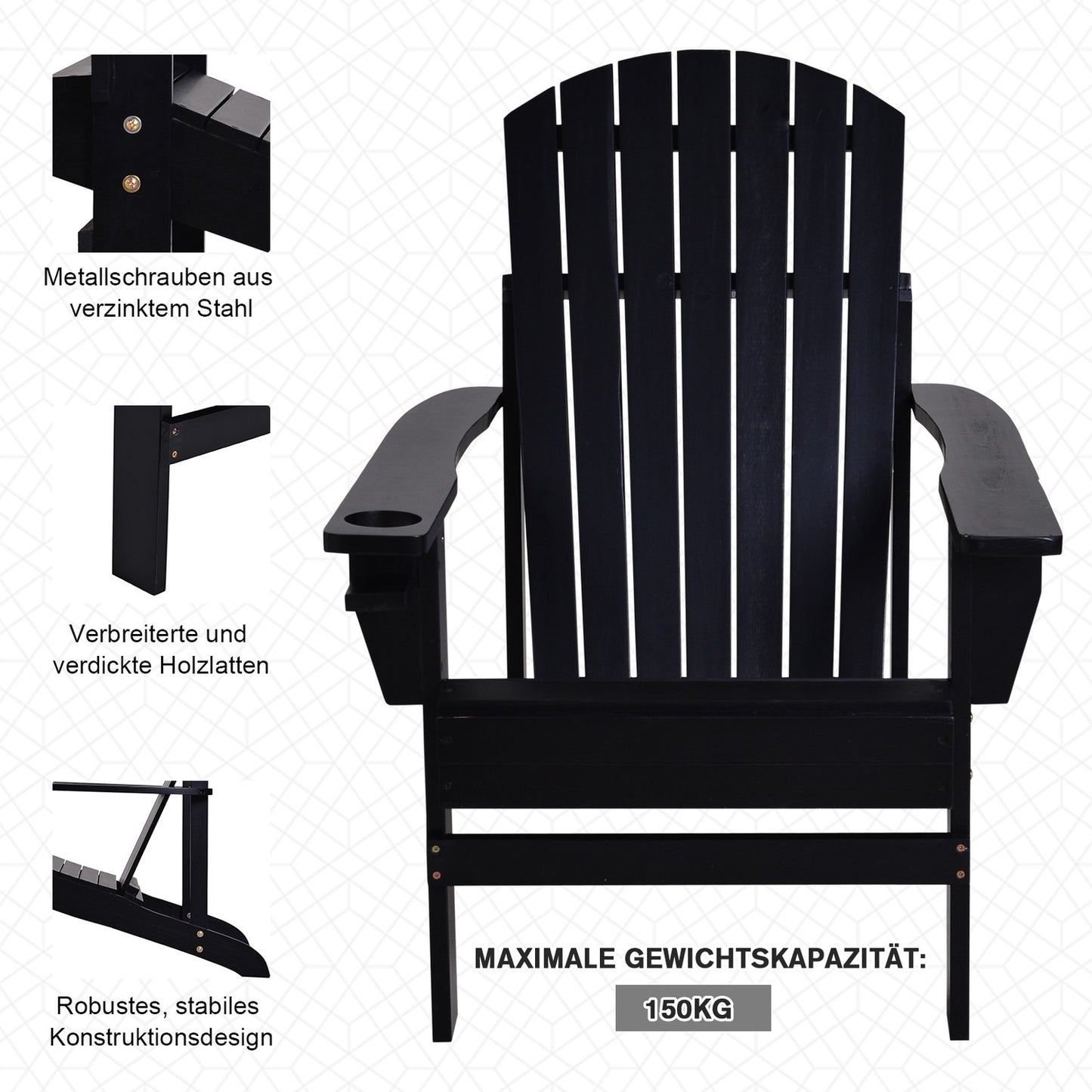 Adirondack garden chair, solid wood, black with cup holder