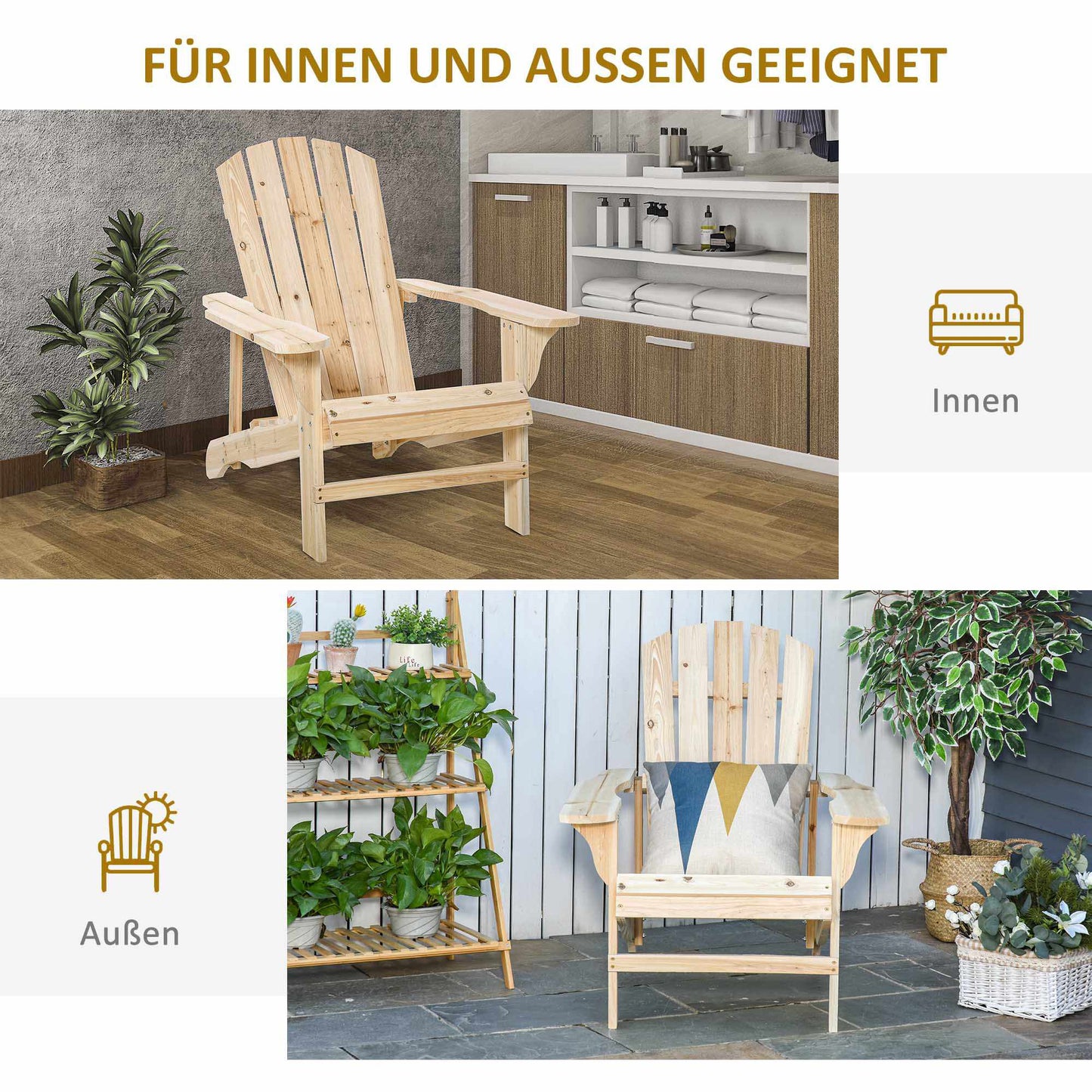 Adirondack Wooden Chair, Outdoor, High Back, Armrests