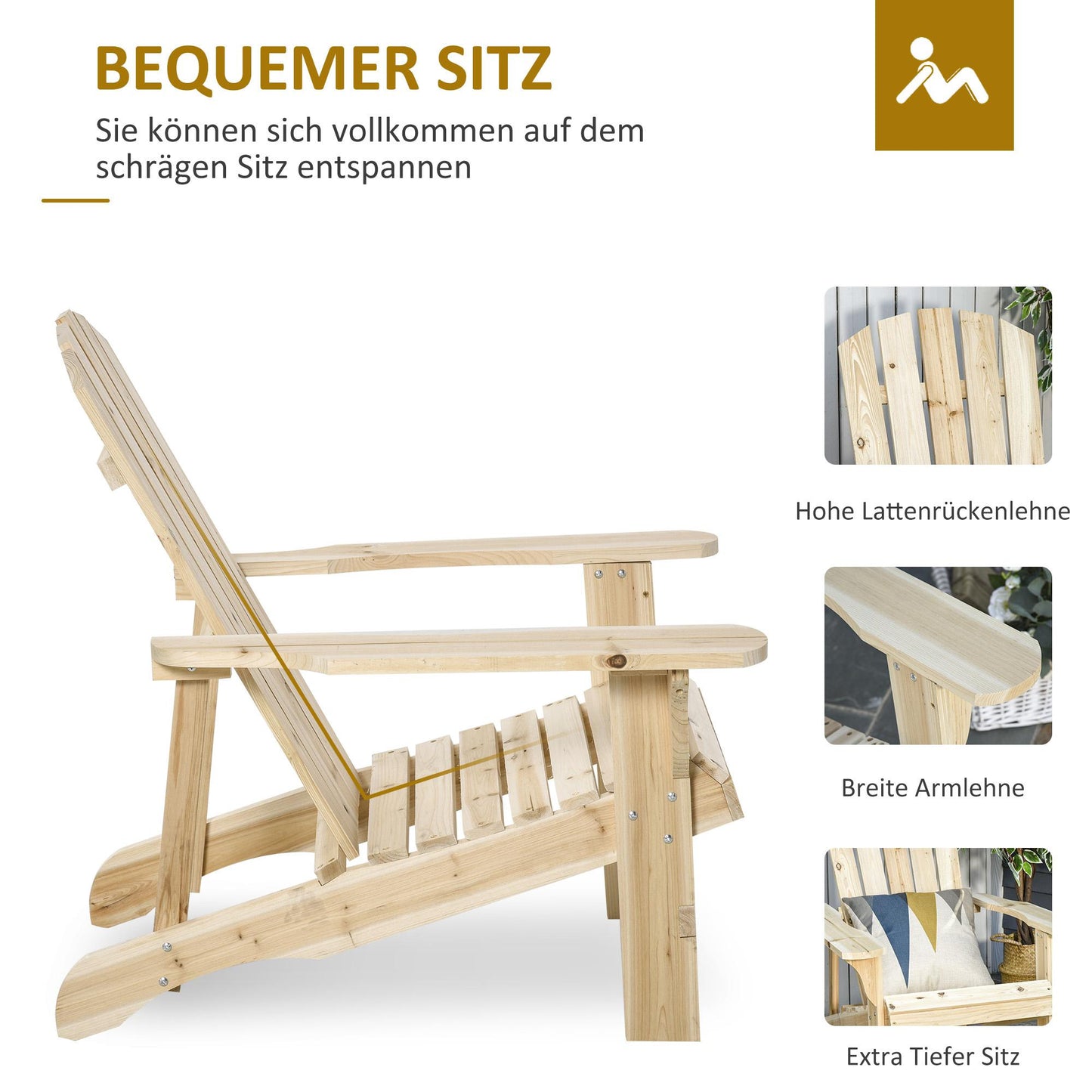 Adirondack Wooden Chair, Outdoor, High Back, Armrests