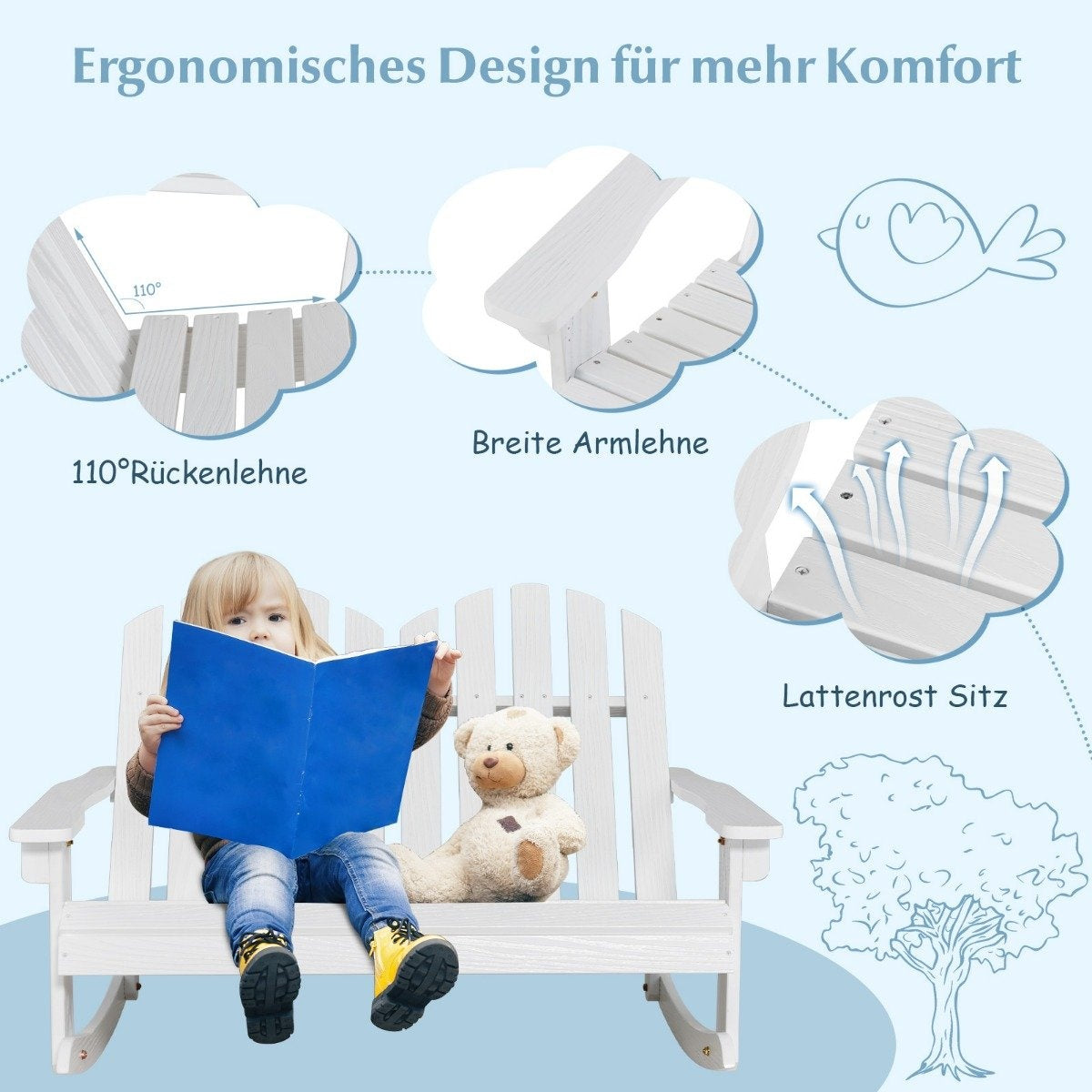 Adirondack rocking chair for children 2-seater wooden garden chair 99.5 x 70 x 68 cm white