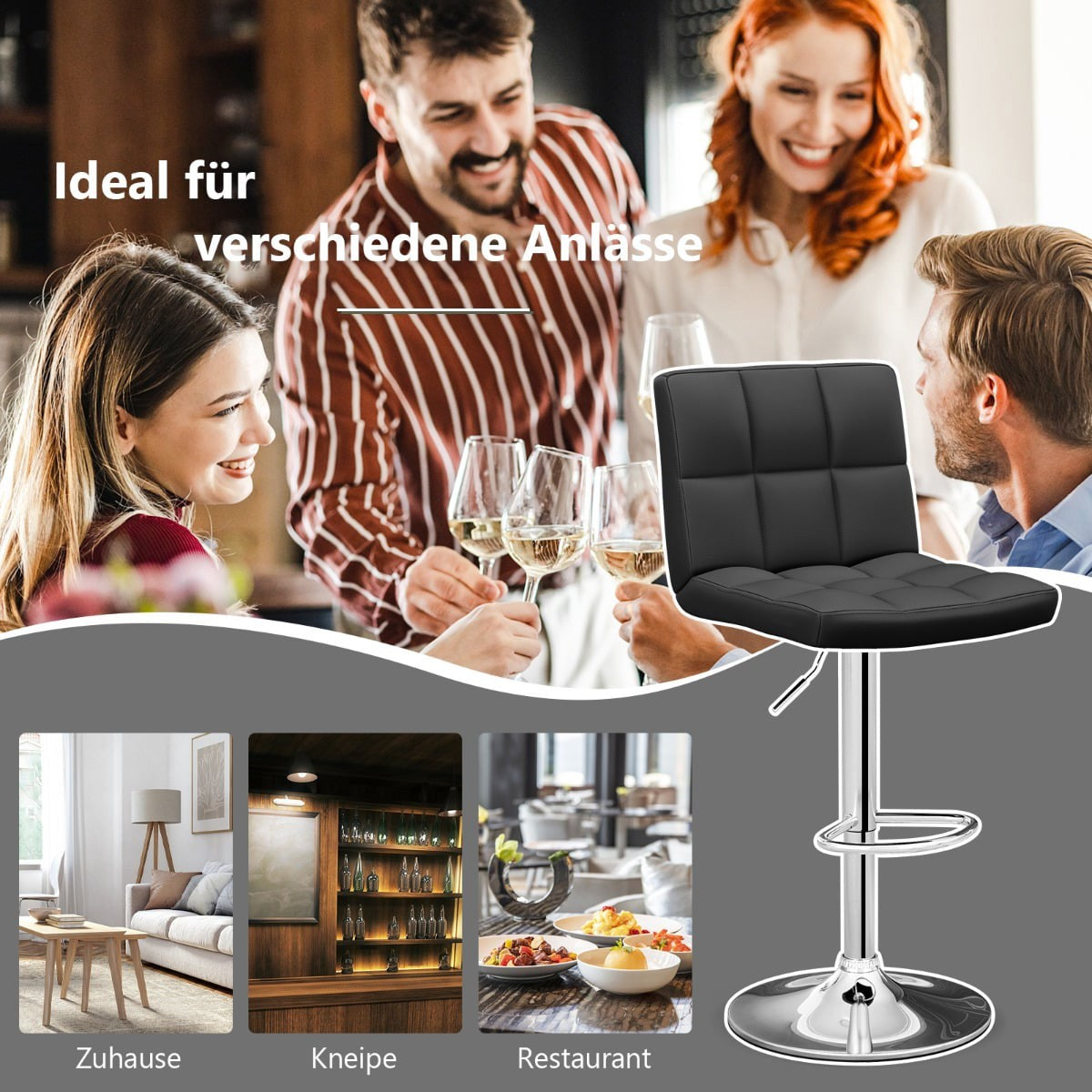 Adjustable 360 Swivel Bar Stools, Set of 2, Black Leather