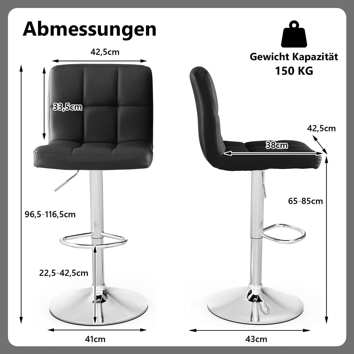 Adjustable 360 Swivel Bar Stools, Set of 2, Black Leather