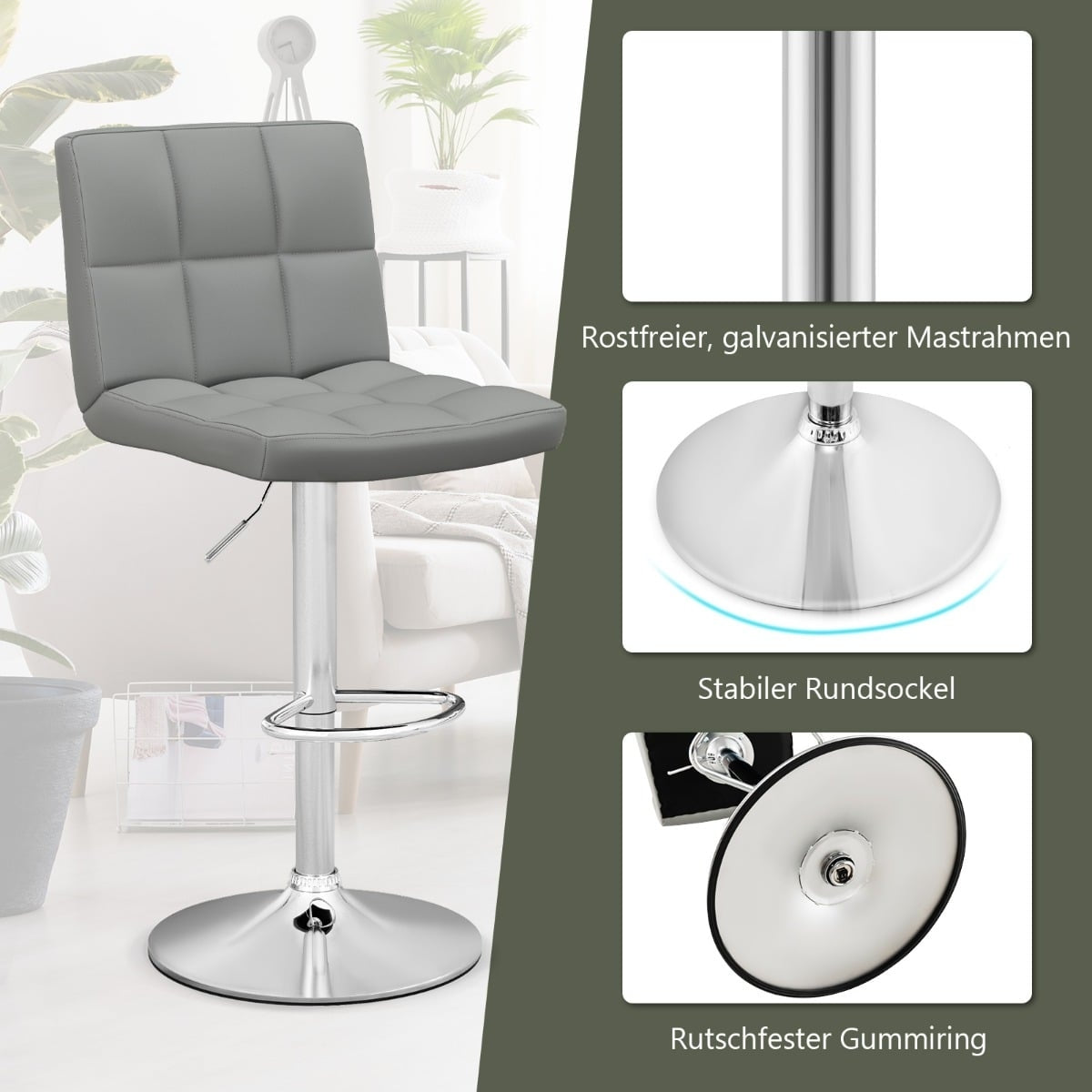Adjustable 360 Swivel Bar Stools, Set of 2, Grey Leather