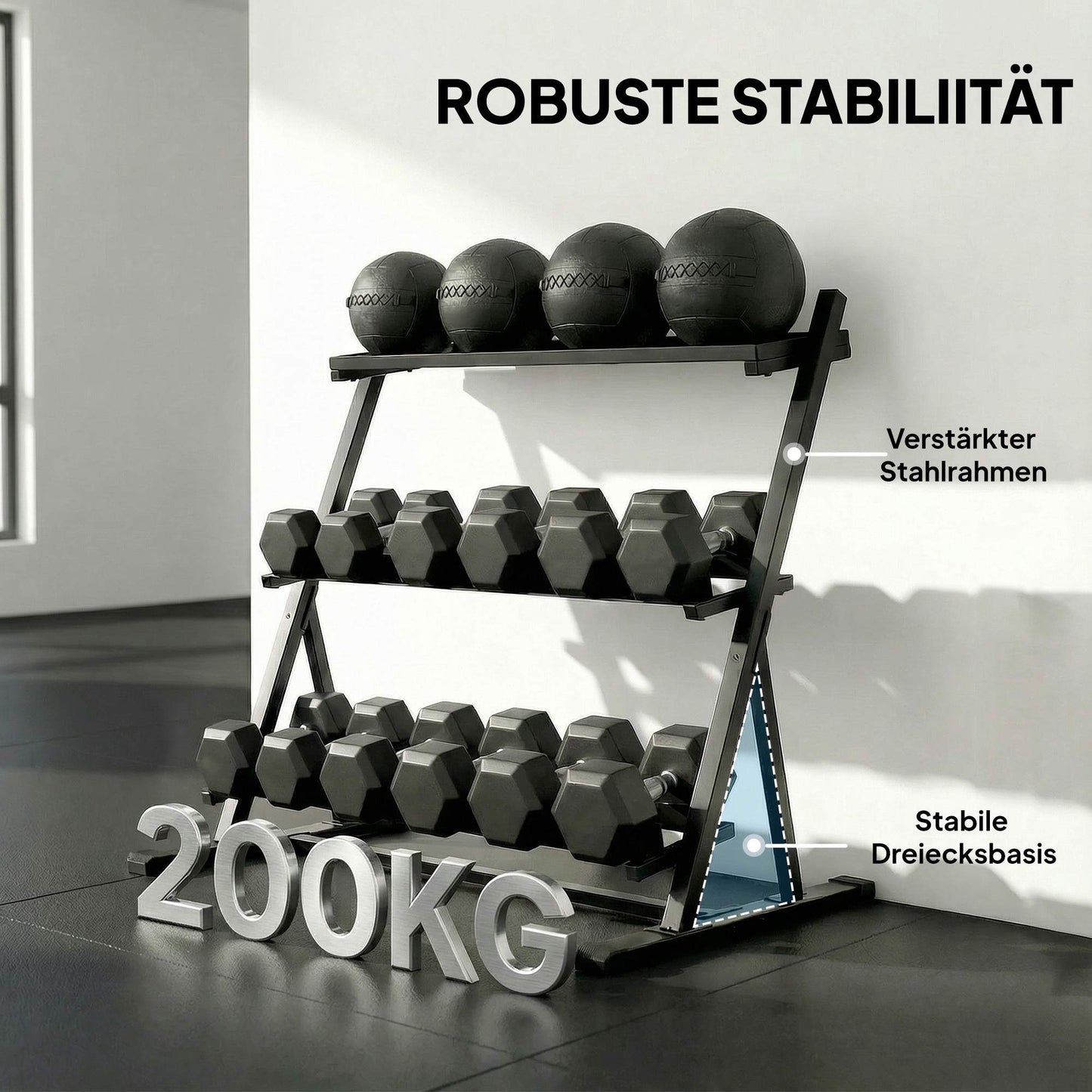 Adjustable 3-Tier Dumbbell Rack, 200kg Capacity, Non-Slip