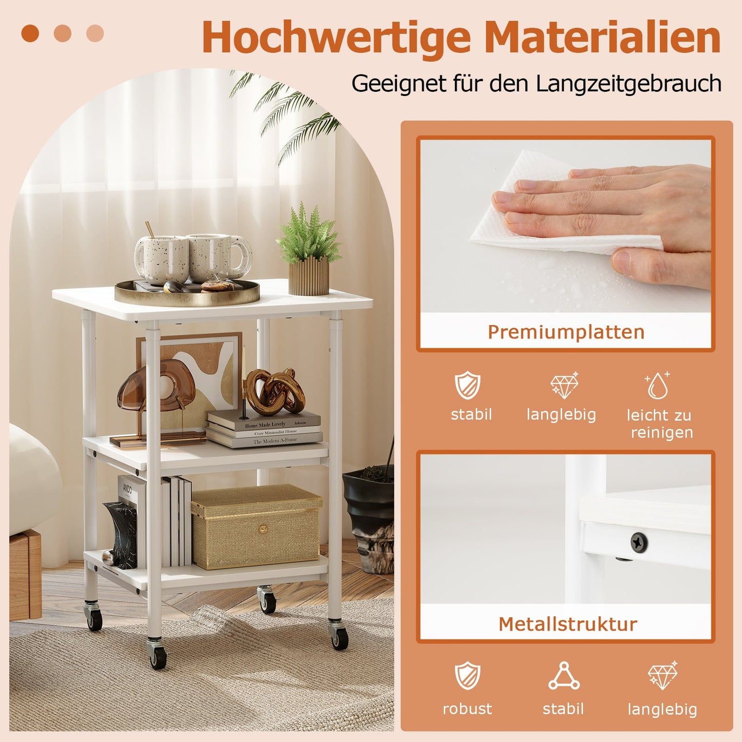 Adjustable 3-Tier Printer Stand with Shelves & Wheels, White