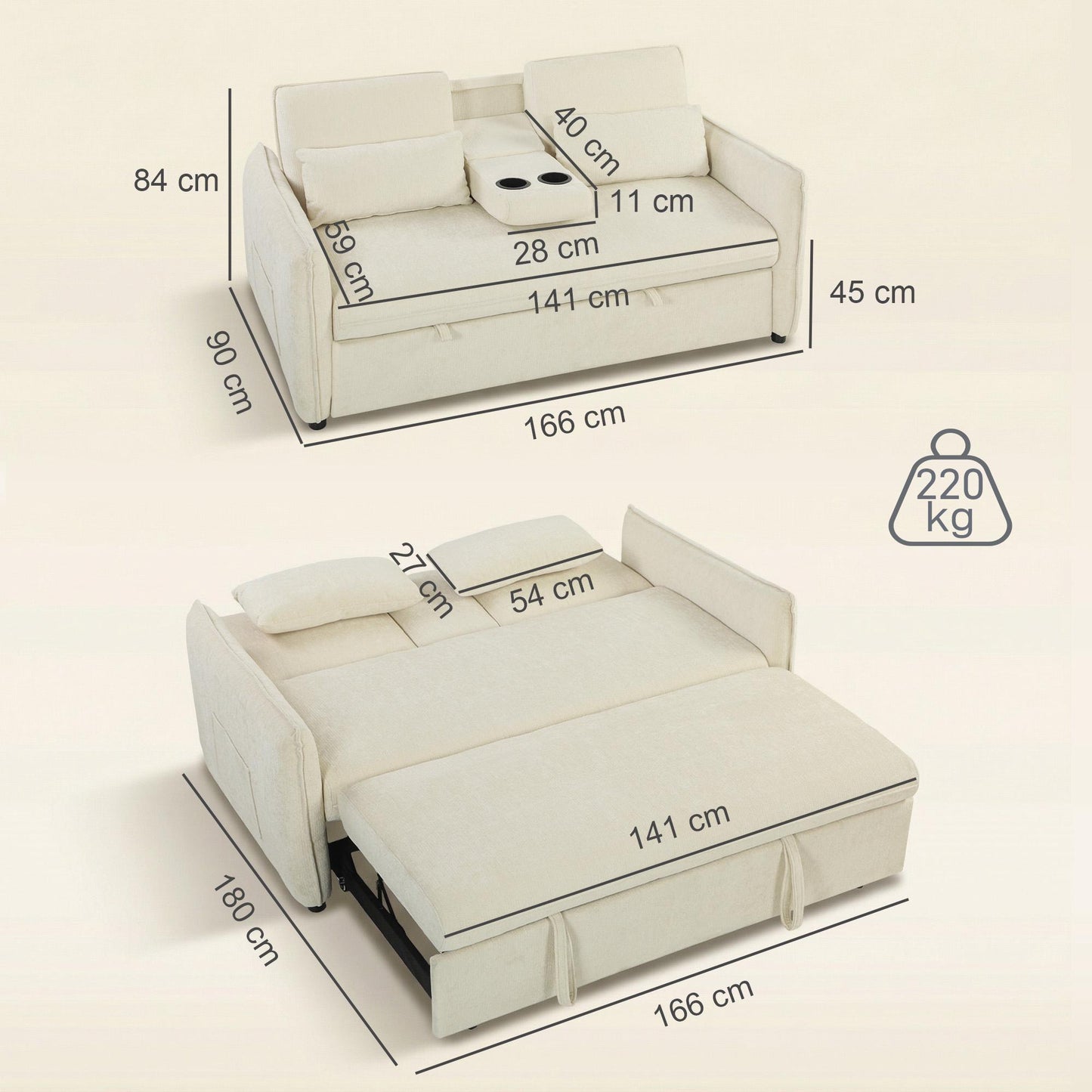 Adjustable 3-in-1 Sofa Bed with Cup Holders and Pockets