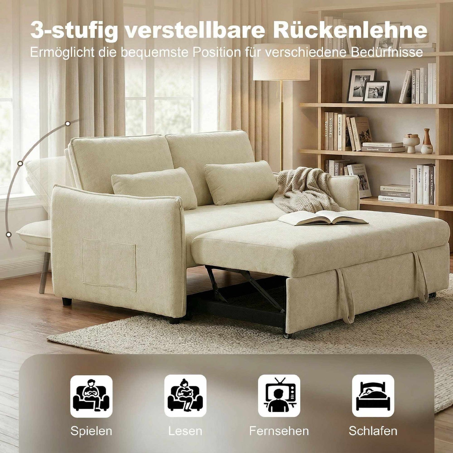 Adjustable 3-in-1 Sofa Bed with Cup Holders and Pockets
