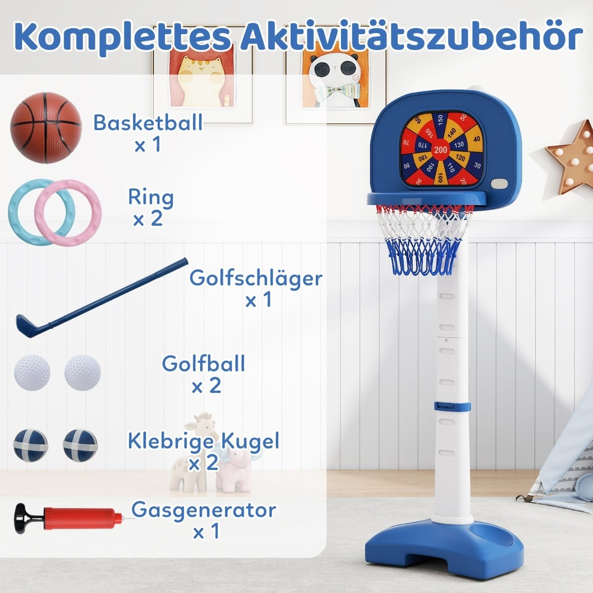 Adjustable 4-in-1 Kids Basketball Hoop Set with Accessories