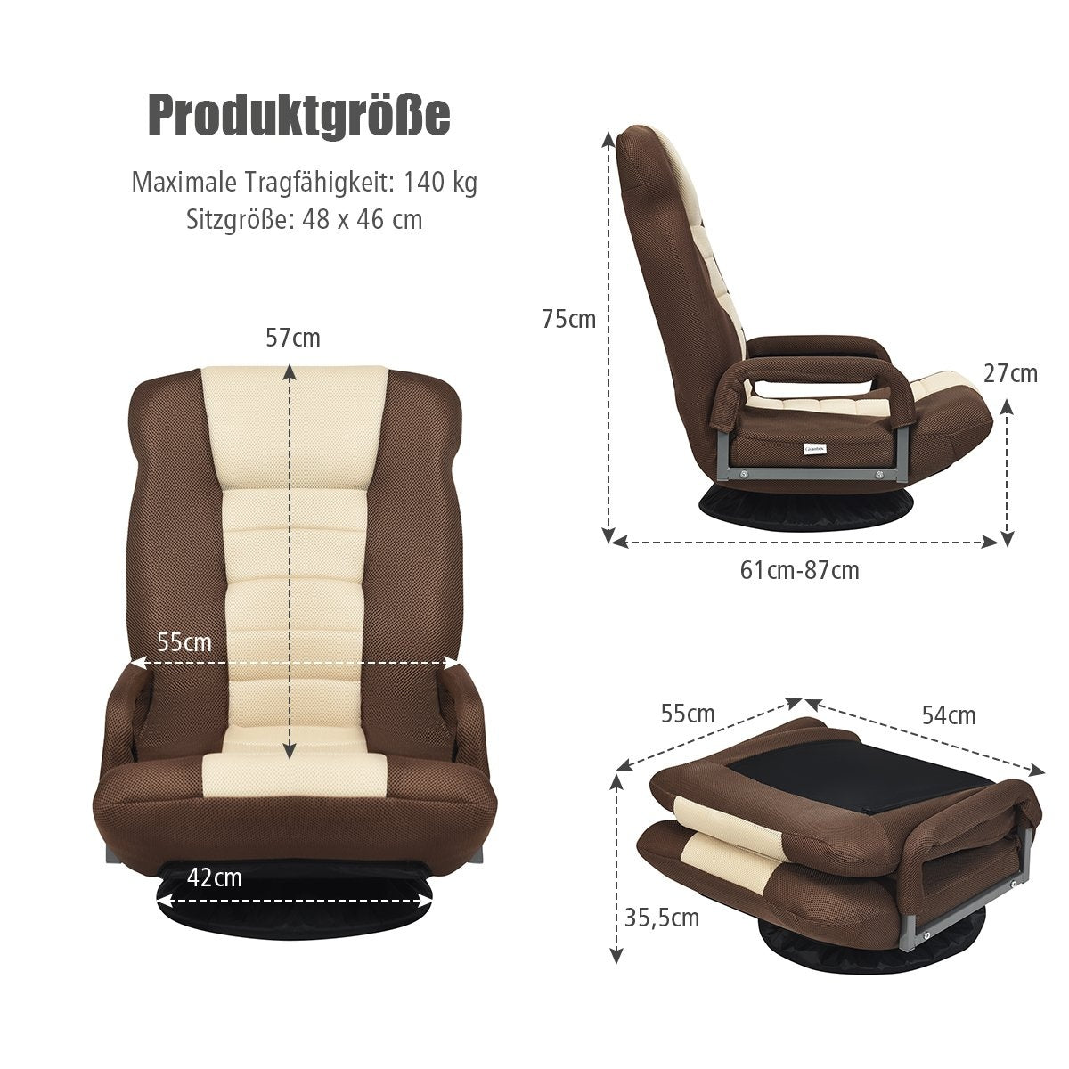 Adjustable 6-position floor chair floor chair with swivel base 61-87 x 55 x 75 cm Both + Brown