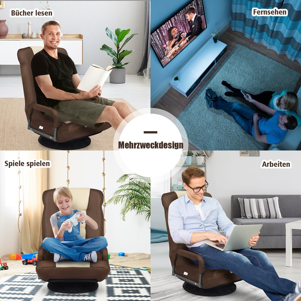 Adjustable 6-position floor chair floor chair with swivel base 61-87 x 55 x 75 cm Both + Brown