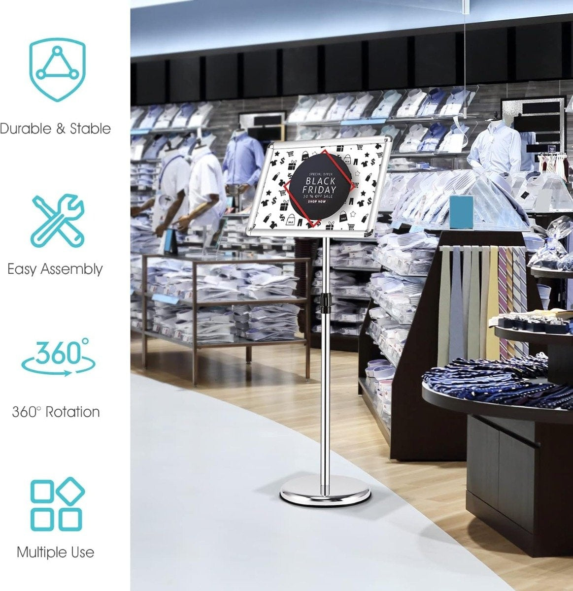 Adjustable A3 Poster Stand – Rotating, Silver Display