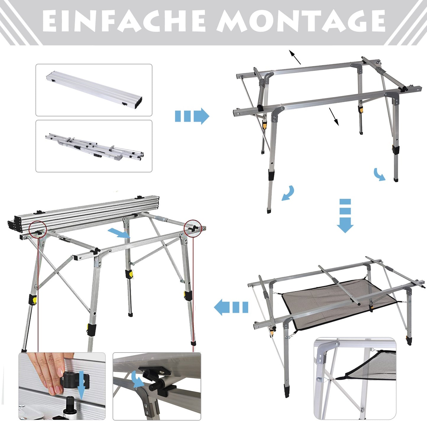 Adjustable Aluminum Folding Picnic Table with Carry Bag, 120x69 cm