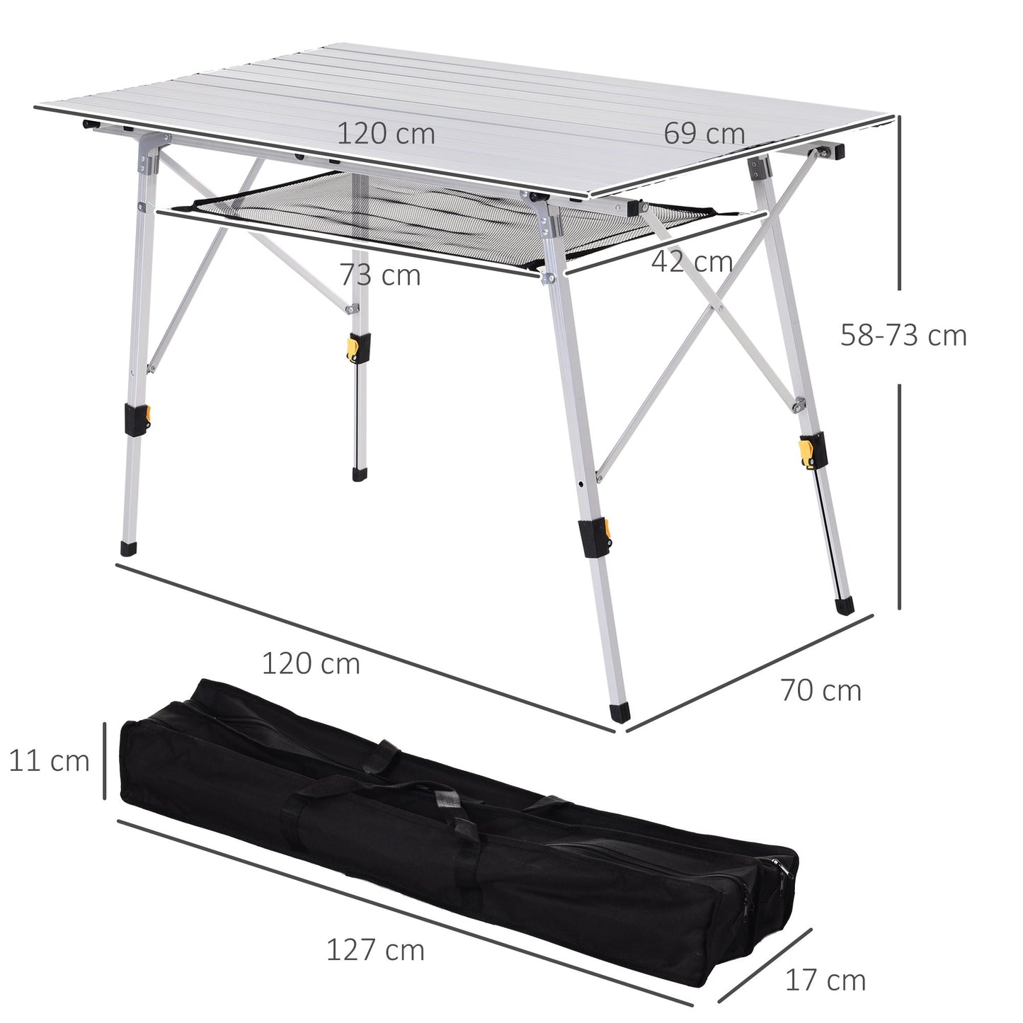 Adjustable Aluminum Folding Picnic Table with Carry Bag, 120x69 cm