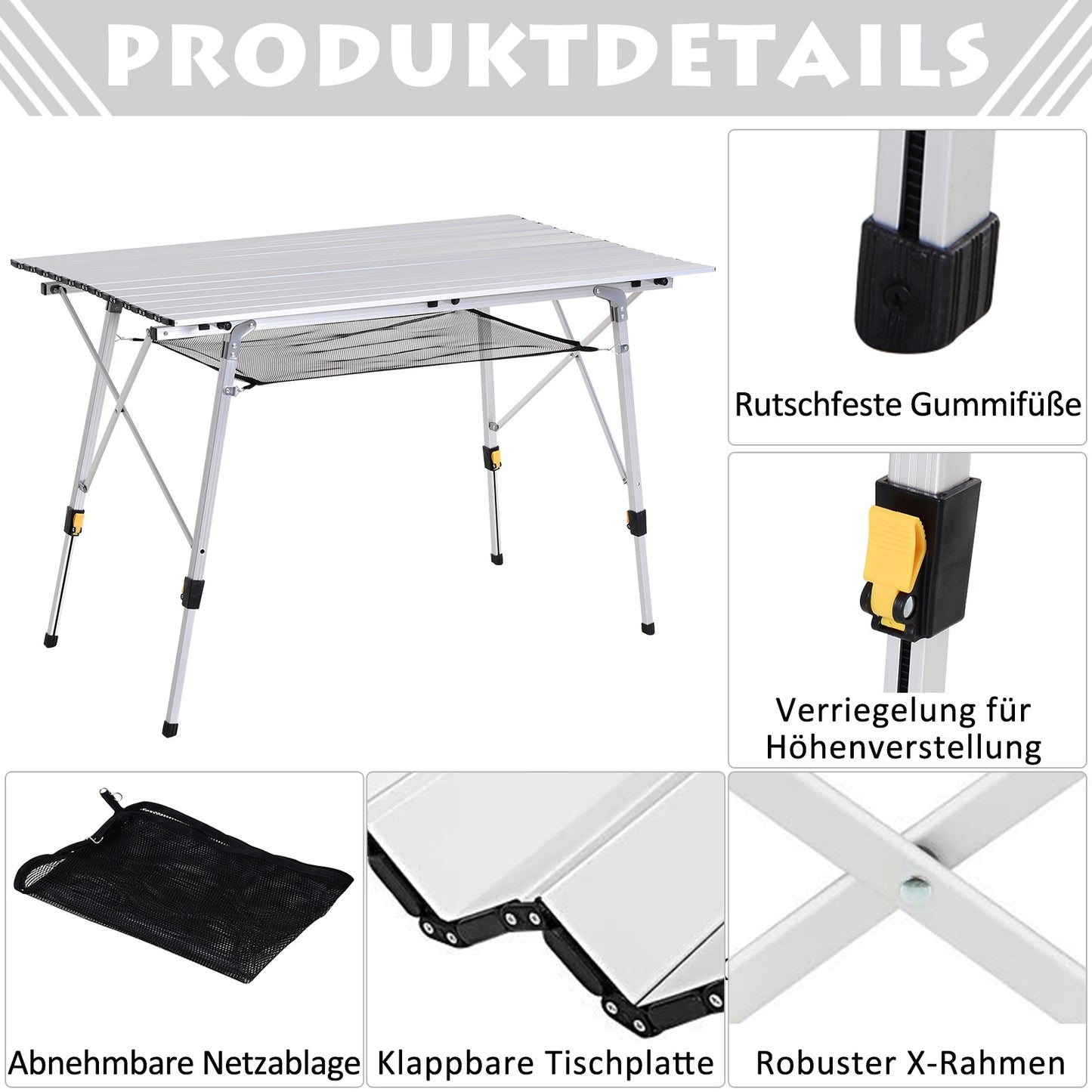 Adjustable Aluminum Folding Picnic Table with Carry Bag, 120x69 cm