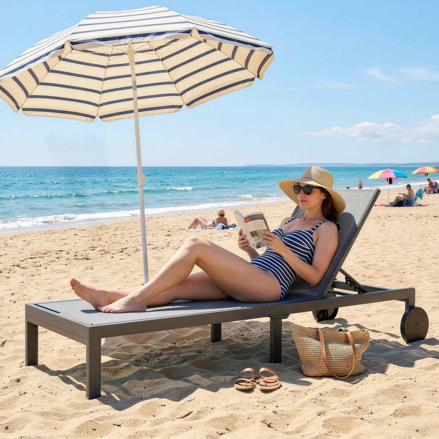 Adjustable Aluminum Sun Lounger with Wheels, Breathable Fabric