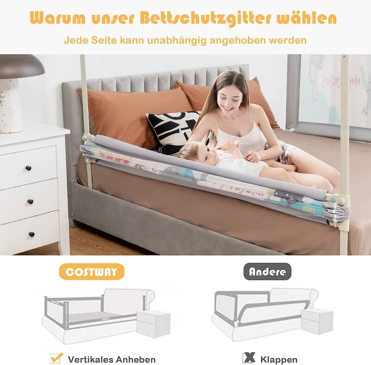 Adjustable Baby Bed Rail, 175cm, Double Lock, Gray