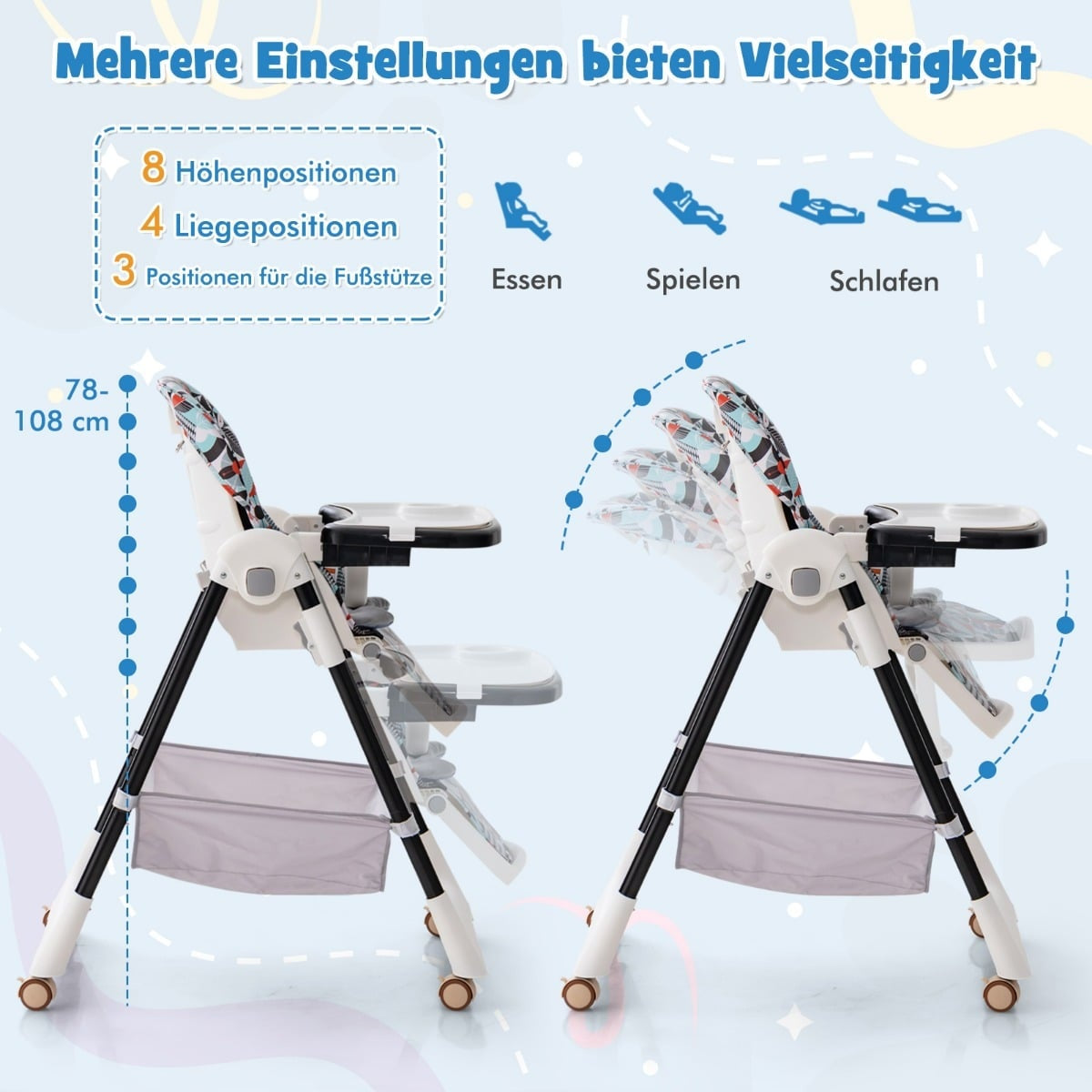 Adjustable Baby High Chair with Recline & Double Tray