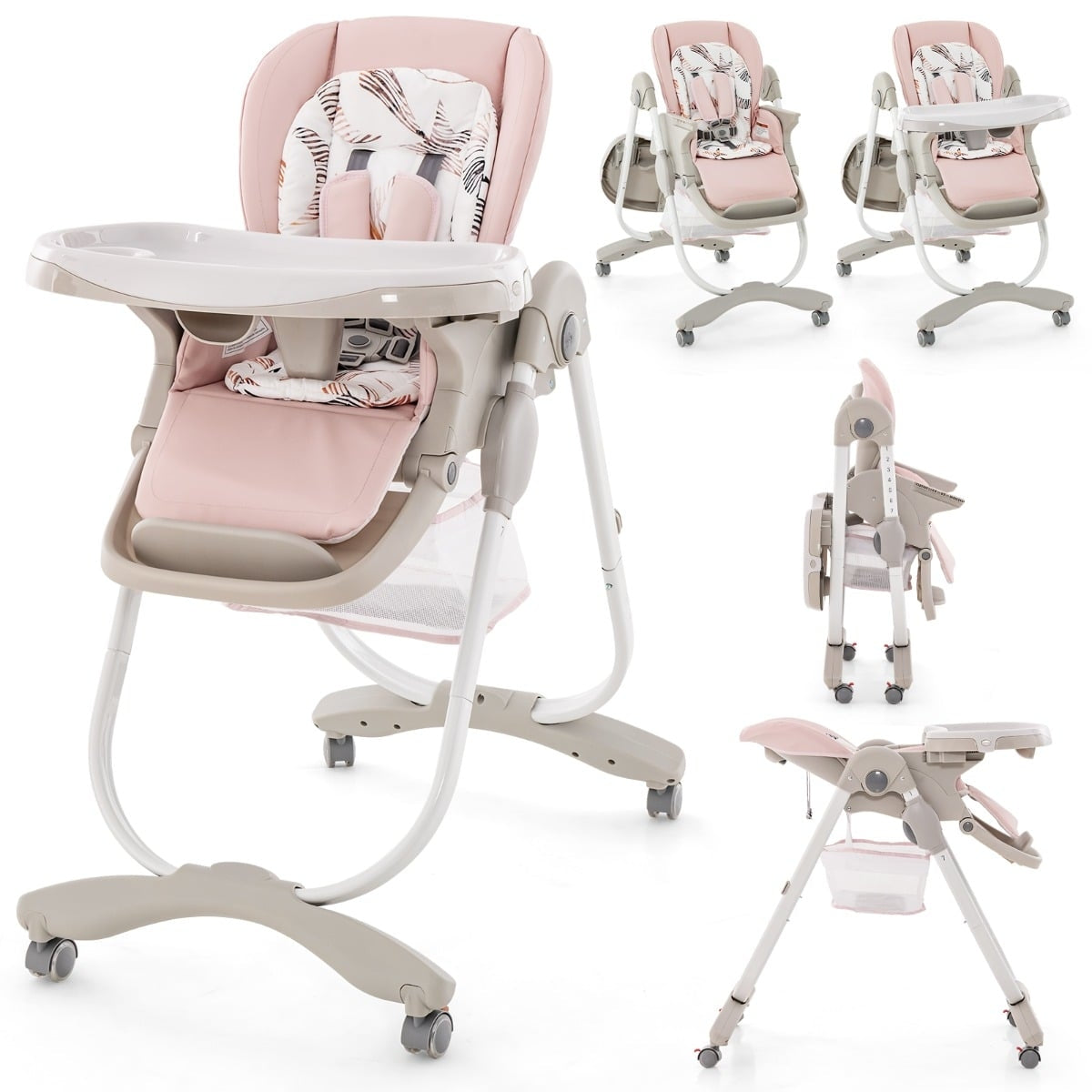 Adjustable Baby High Chair with Wheels, Pink, Foldable