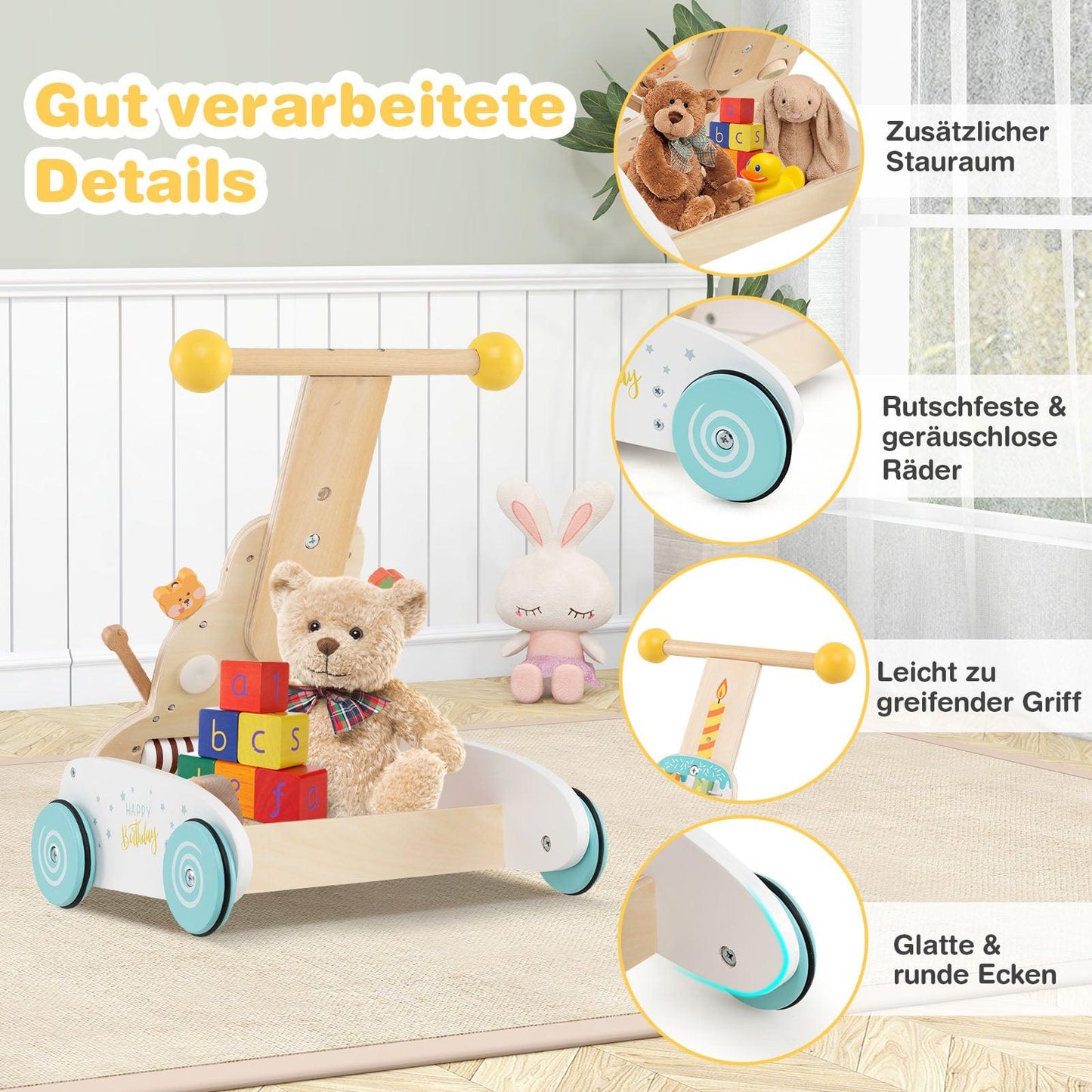 Adjustable Baby Walker with Activity Center, Wooden Toy