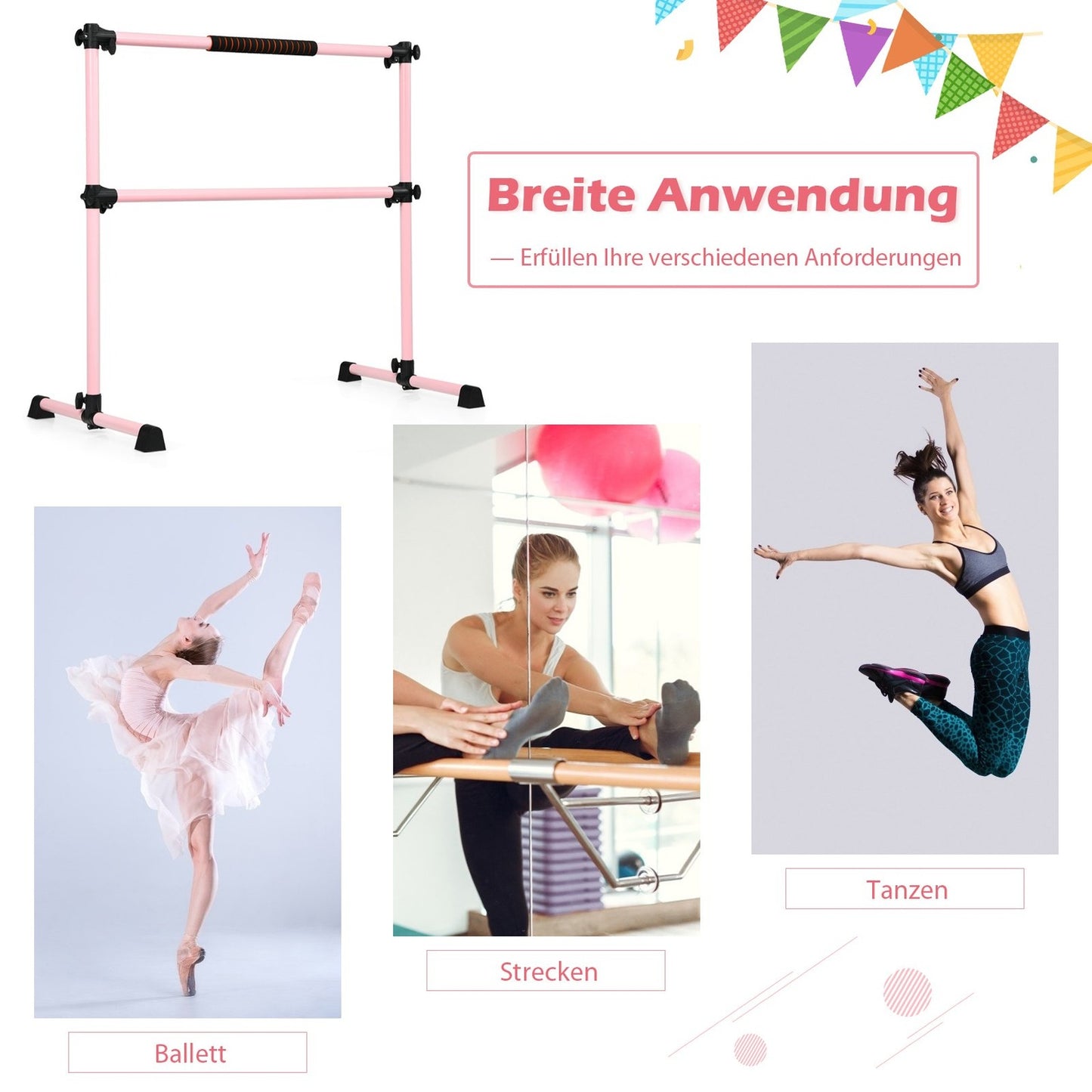 Adjustable Ballet Barre, Freestanding, Pink, 123x71x119CM