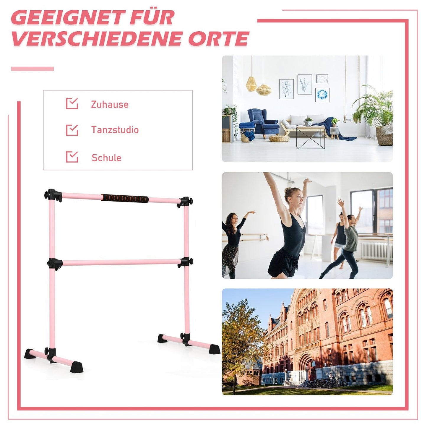 Adjustable Ballet Barre, Freestanding, Pink, 123x71x119CM