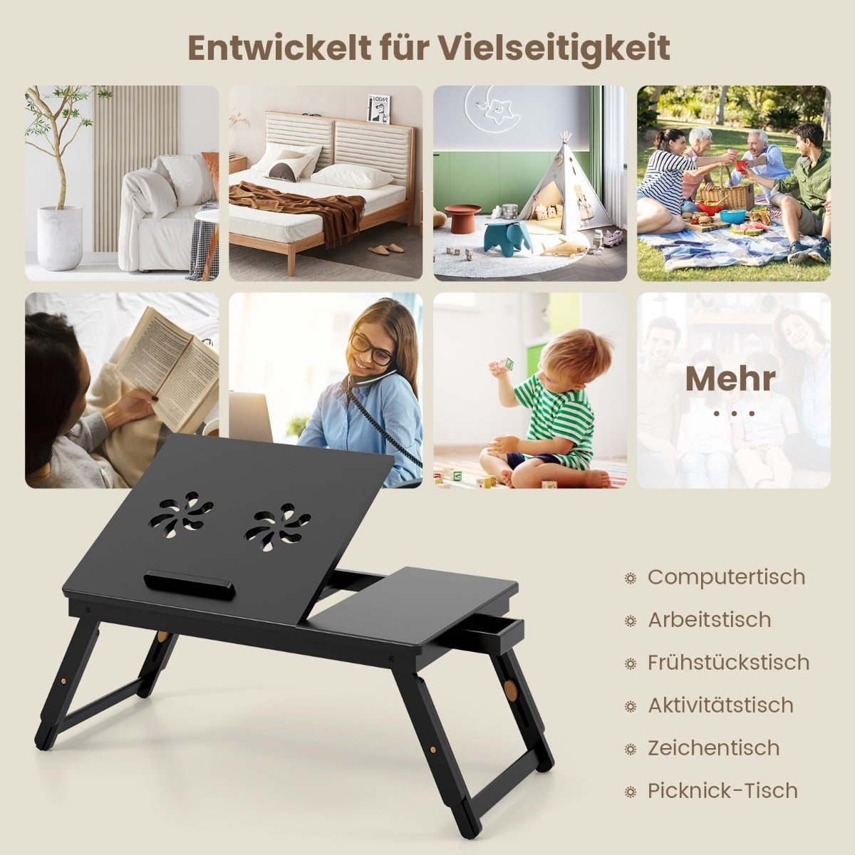 Adjustable Bamboo Laptop Table with Drawer – Brown