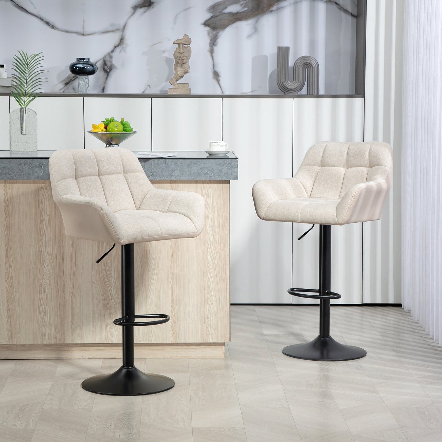 Adjustable Bar Stools, Set of 2, Faux Leather, Cream/Black