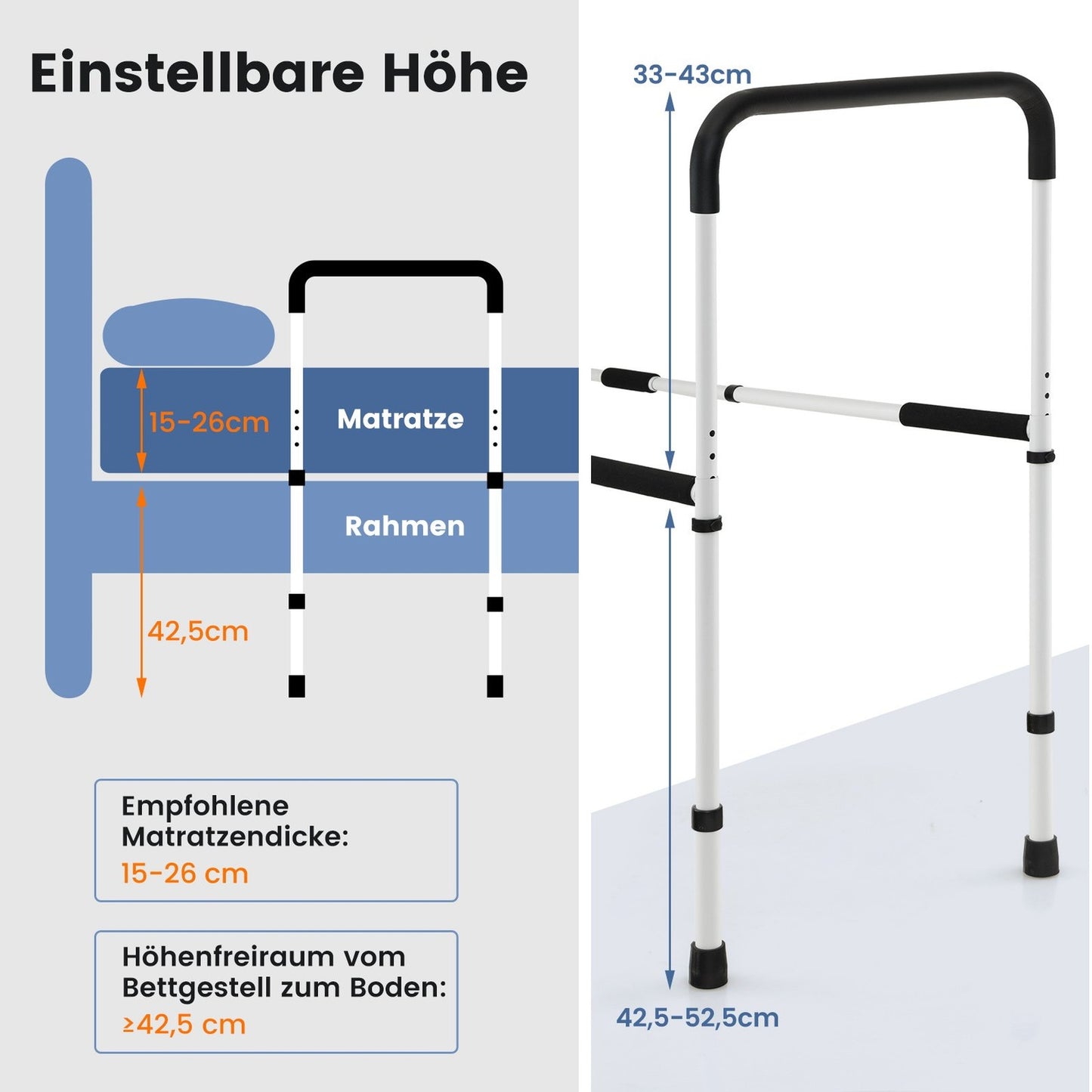 Adjustable Bed Rail, Safety Support for Seniors, 160kg Capacity