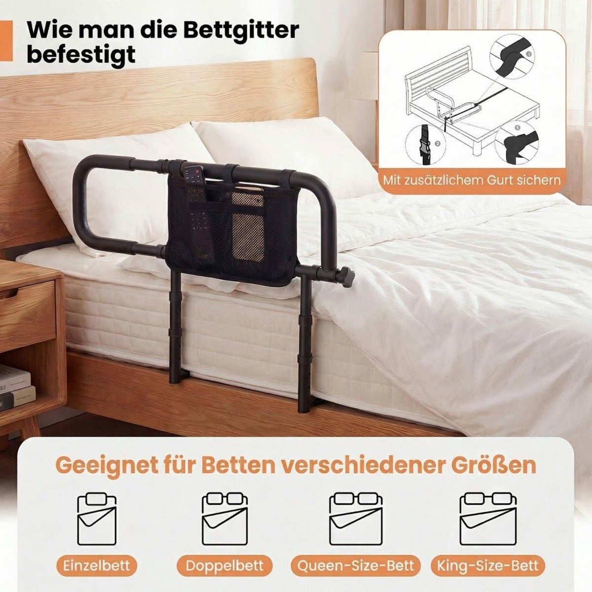 Adjustable Bed Rail for Seniors – Foldable, Black, Metal Frame