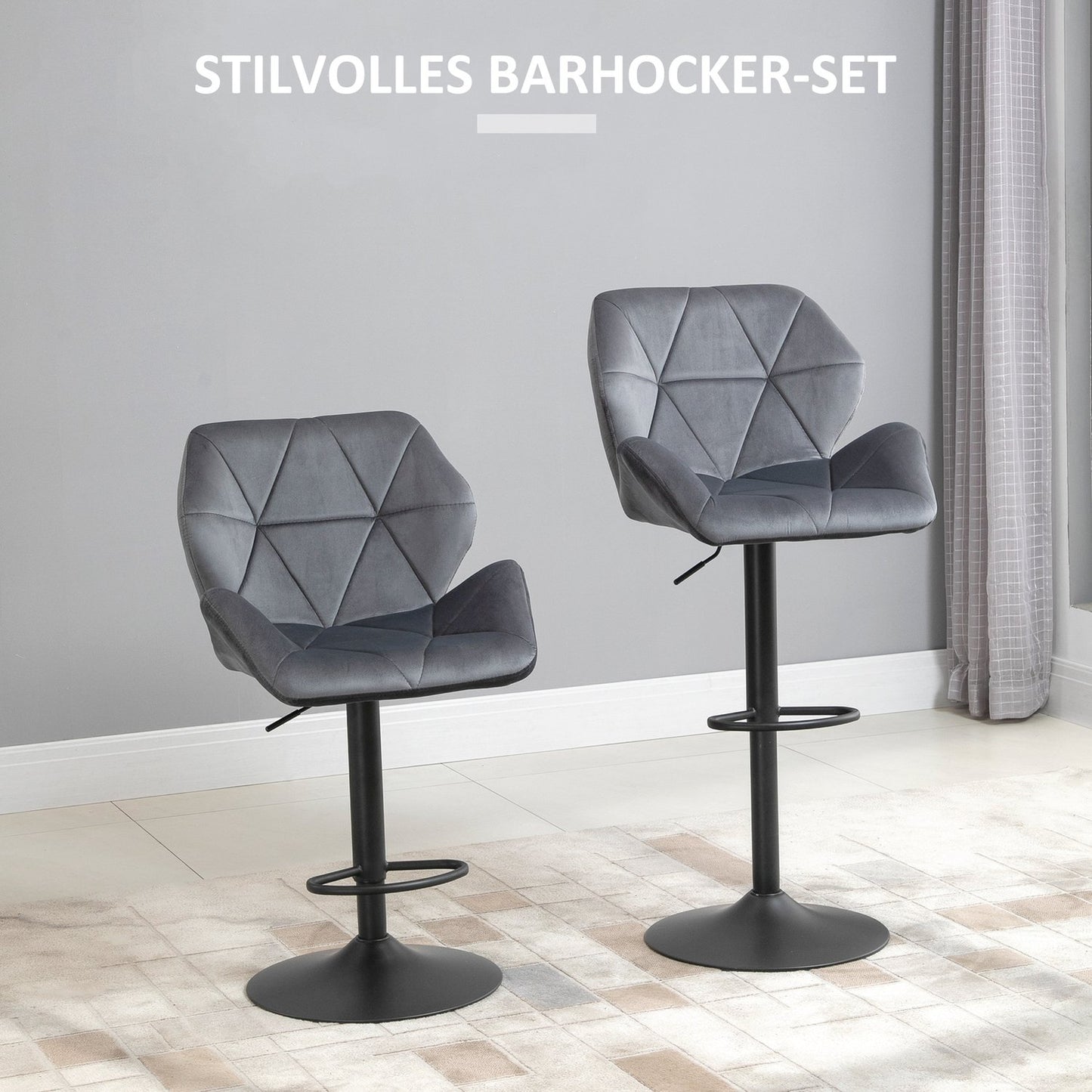 Adjustable Blue Velvet Bar Stools with Backrest, Set of 2