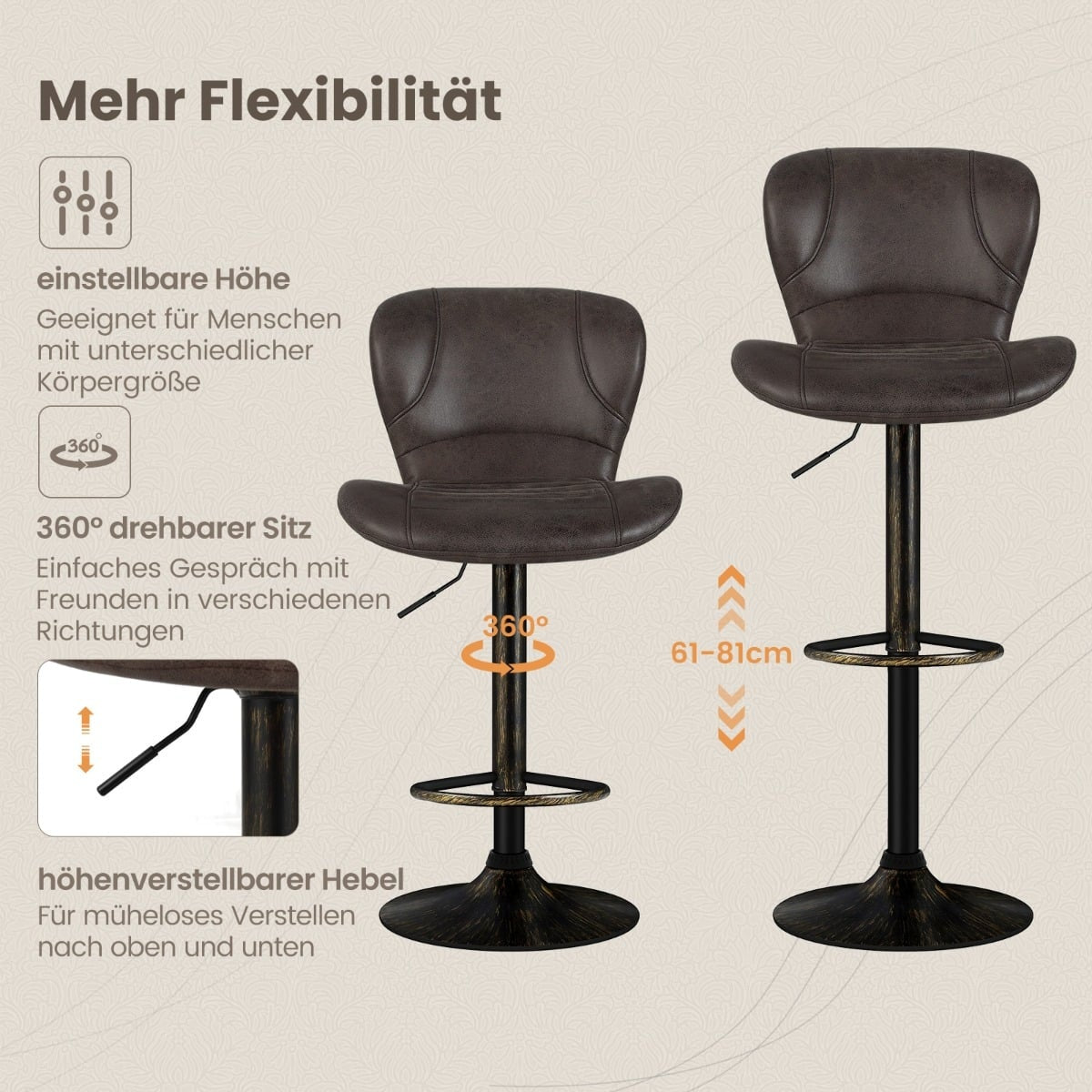 Adjustable Brown Bar Stools Set of 2 with Backrest & Footrest