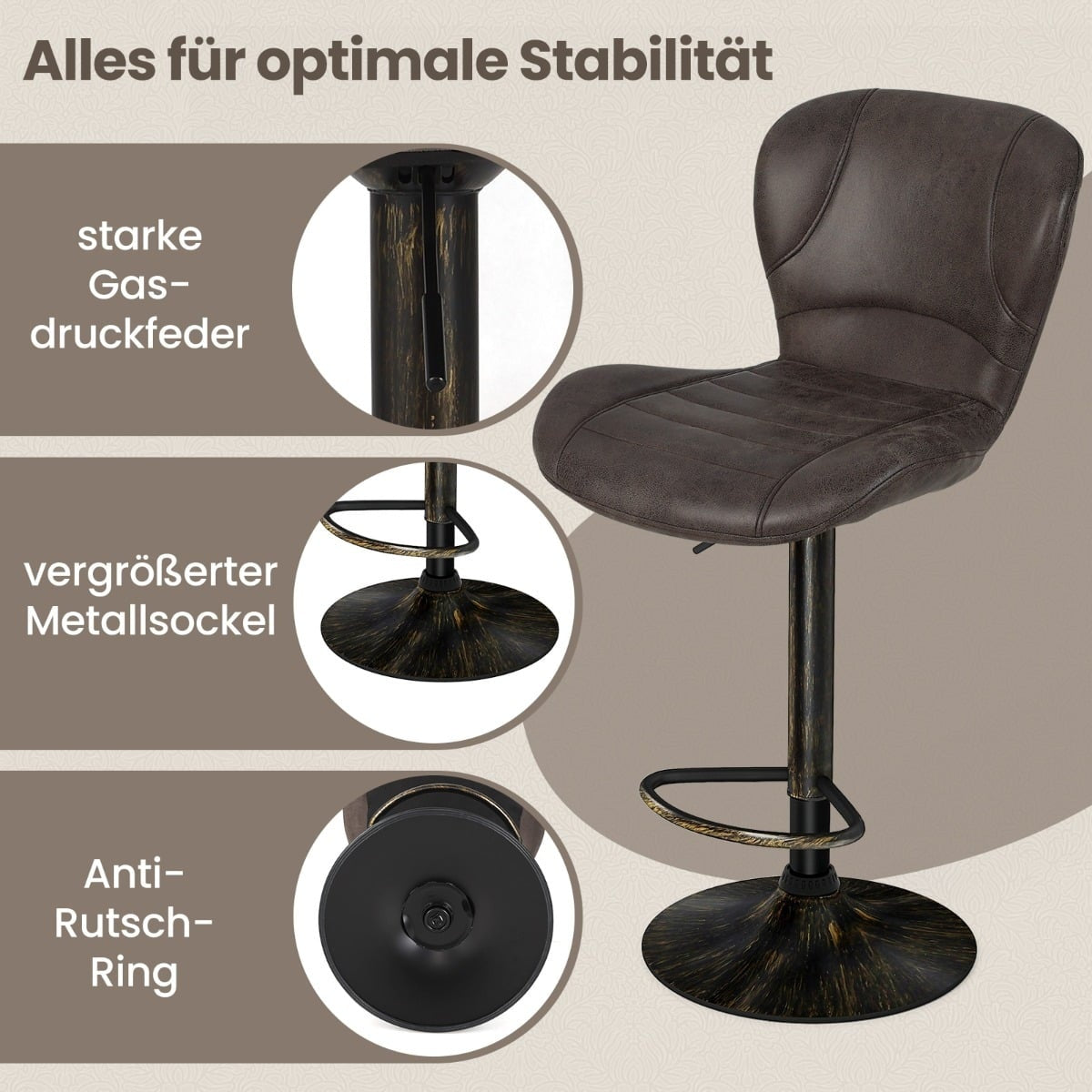 Adjustable Brown Bar Stools Set of 2 with Backrest & Footrest