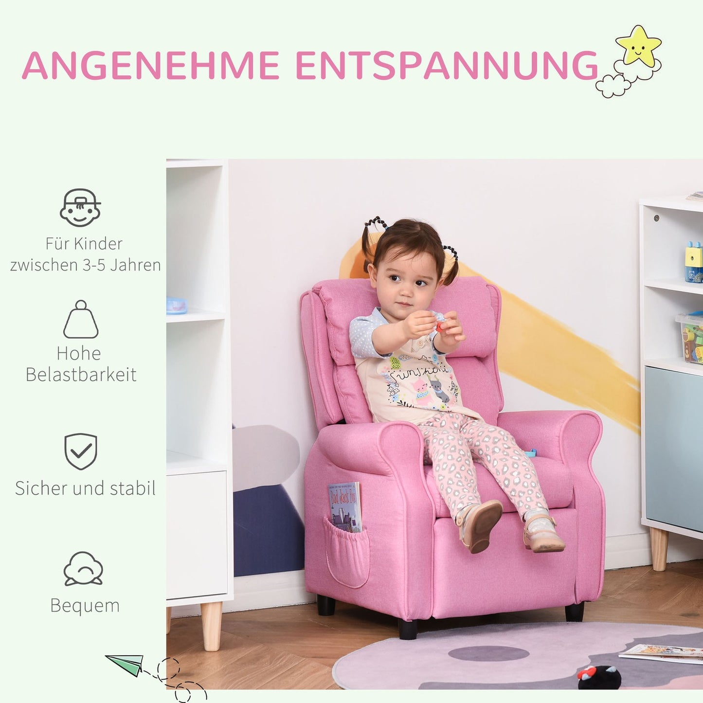 Adjustable children's sofa with footrest, Pink, 3-5 years