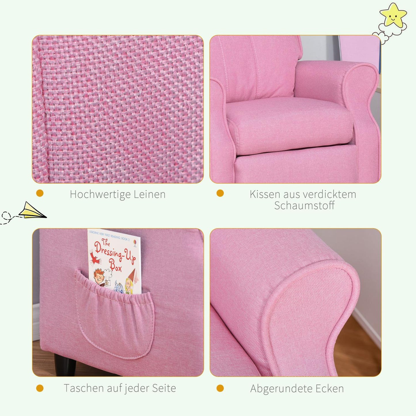Adjustable children's sofa with footrest, Pink, 3-5 years