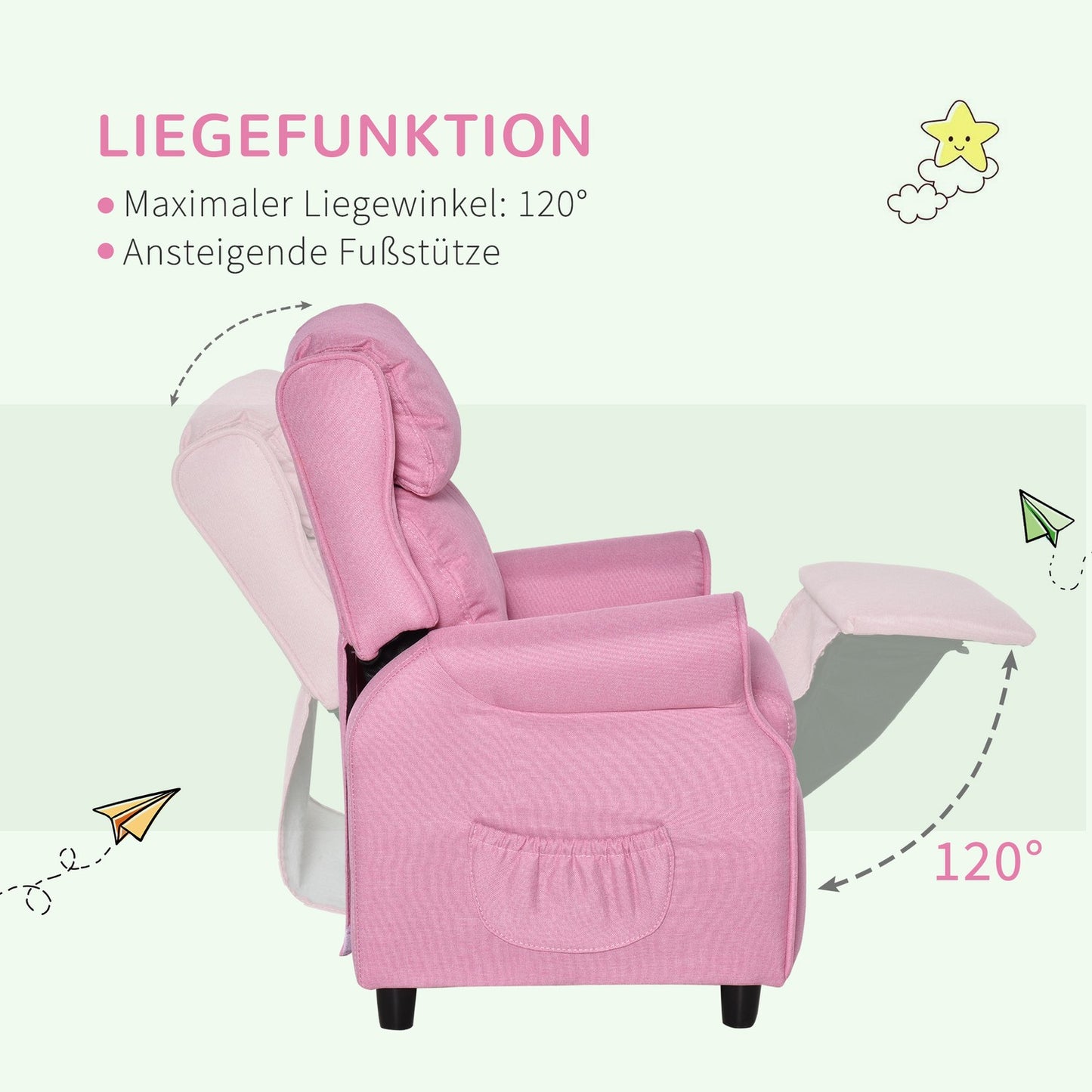 Adjustable children's sofa with footrest, Pink, 3-5 years