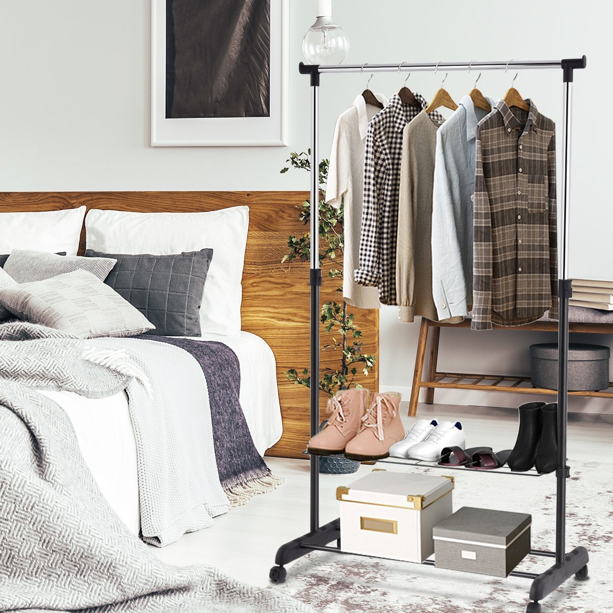 Adjustable Clothes Rack with Wheels and Shoe Racks for Bedroom Wardrobe Black