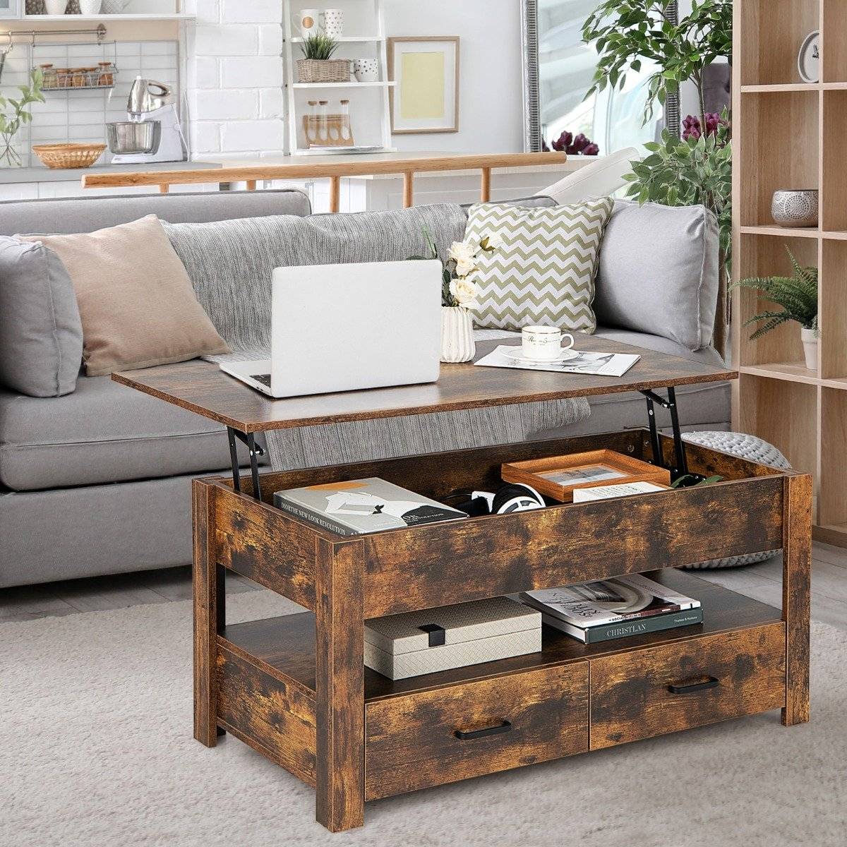 Adjustable Coffee Table with Drawers, Wood, 106x50x48 cm, Brown