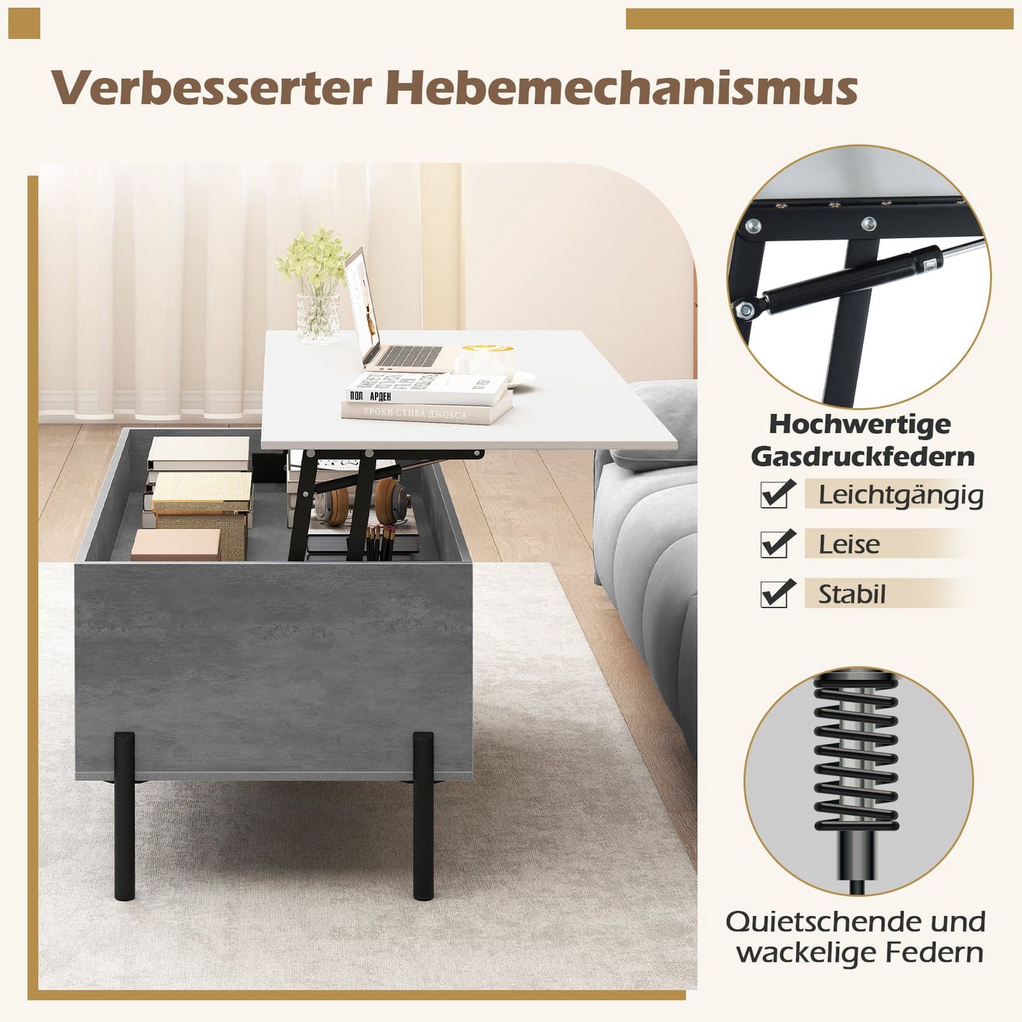 Adjustable Coffee Table with Lift-Top, Storage, Gray