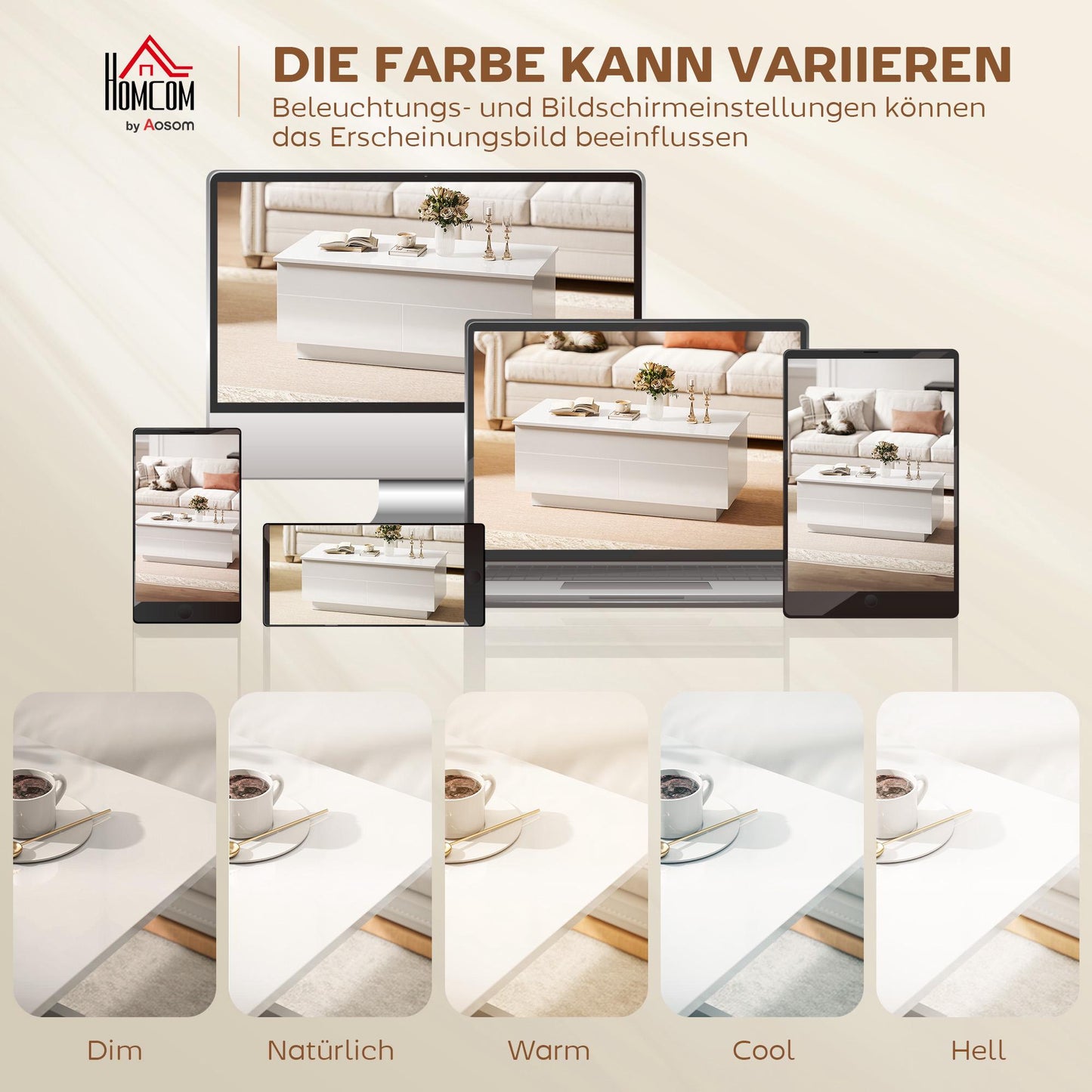 Adjustable Coffee Table with Storage, High Gloss White