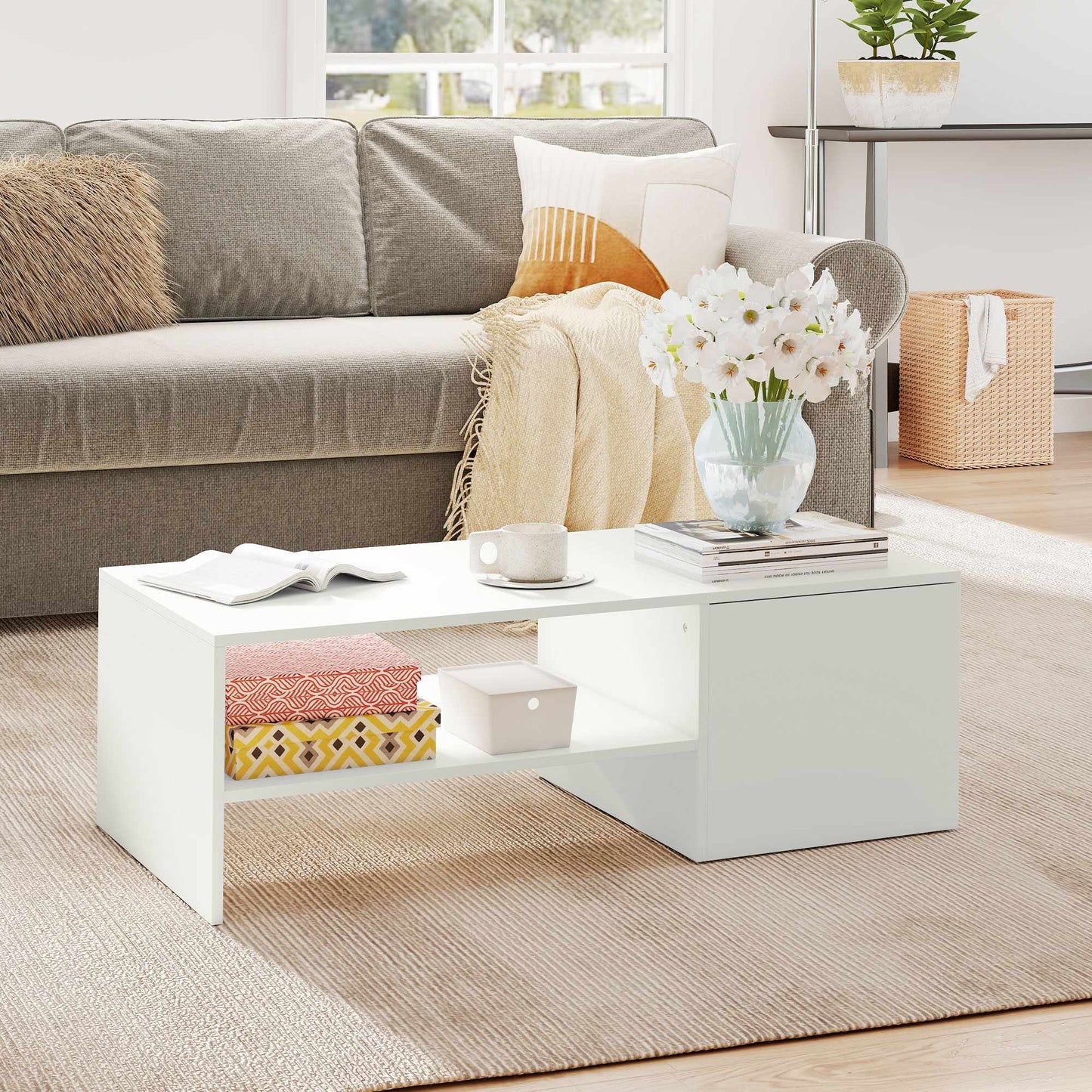 Adjustable Coffee Table with Storage, White Particle Board