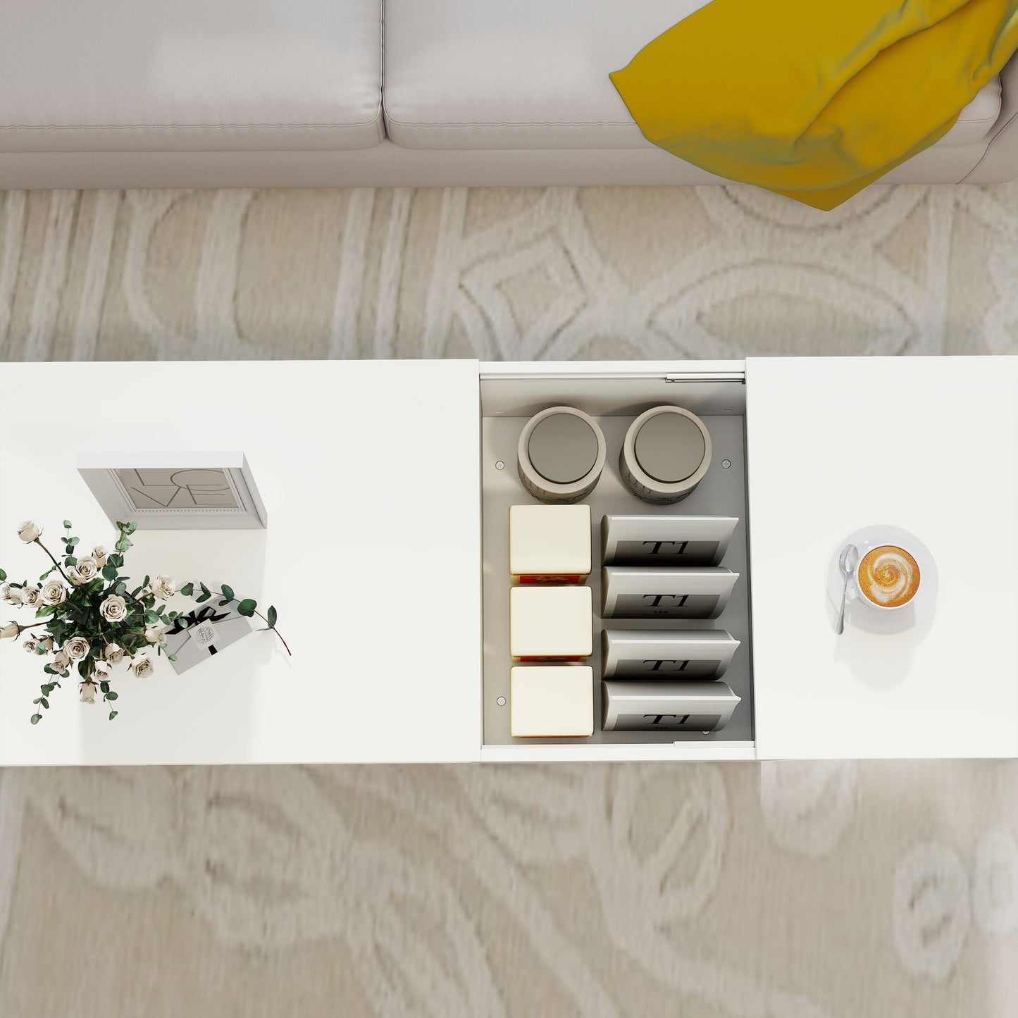 Adjustable Coffee Table with Storage, White Particle Board