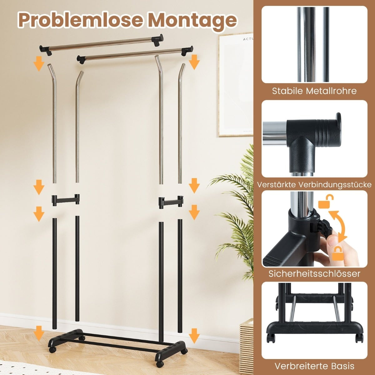 Adjustable Double Rail Clothes Rack with Wheels, Black