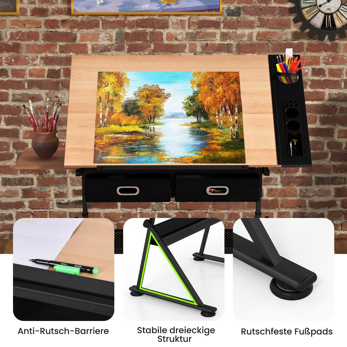 Adjustable Drawing Desk with Stool, Tilt Top, Storage