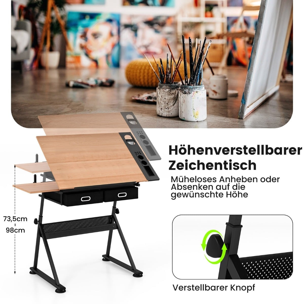 Adjustable Drawing Desk with Stool, Tilt Top, Storage