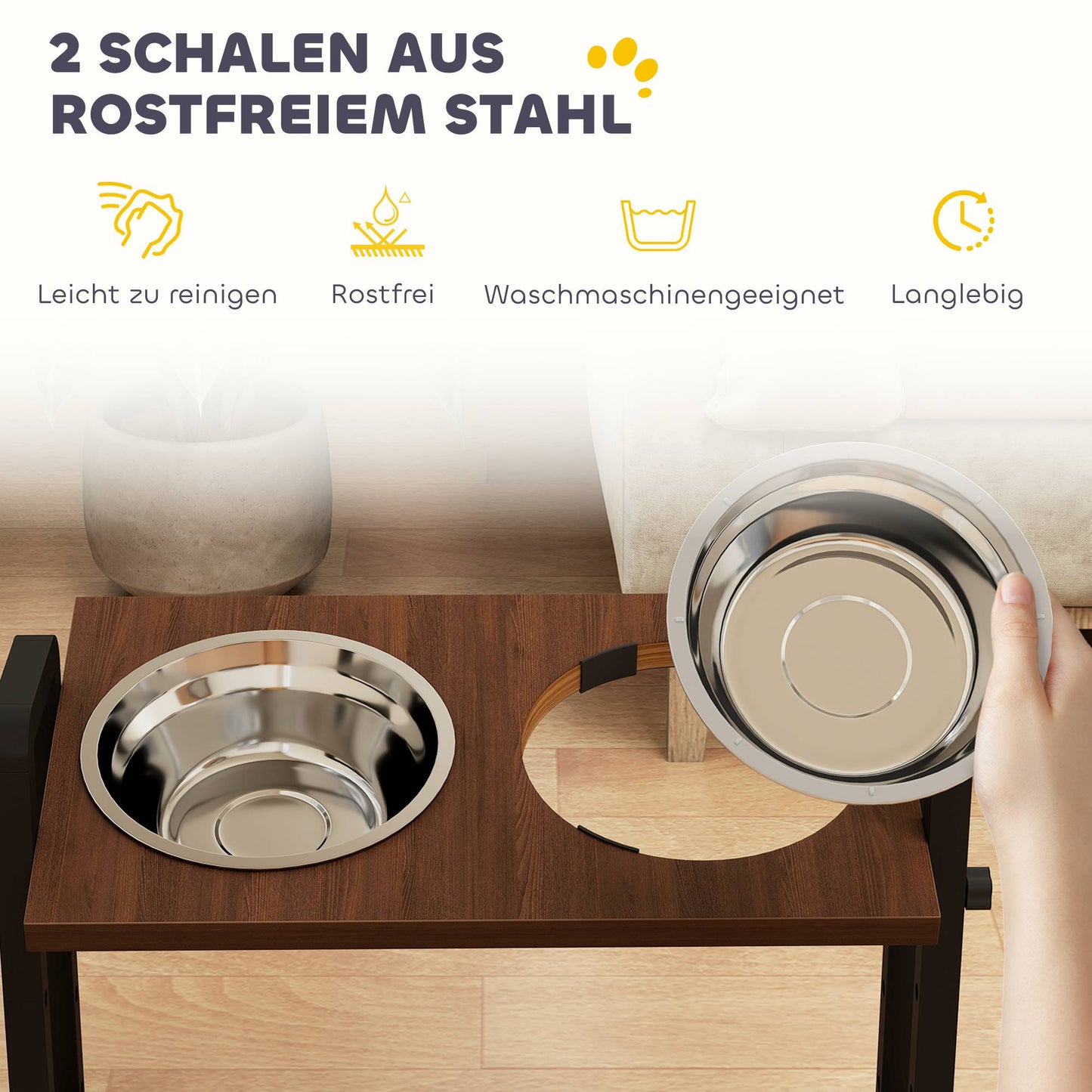 Adjustable Elevated Dog Bowl Stand with 2 Stainless Steel Bowls, 1.2L Each