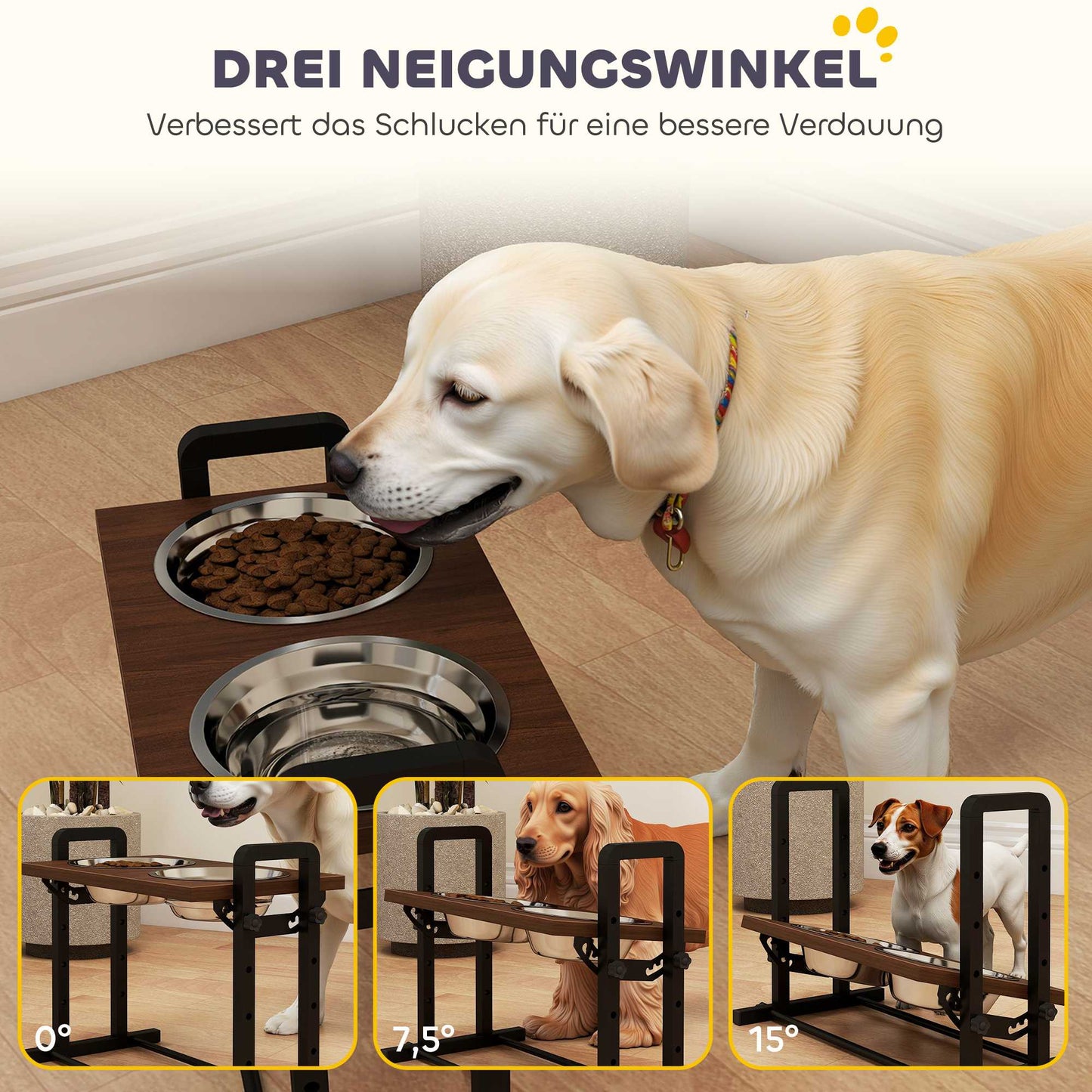 Adjustable Elevated Dog Bowl Stand with 2 Stainless Steel Bowls, 1.2L Each