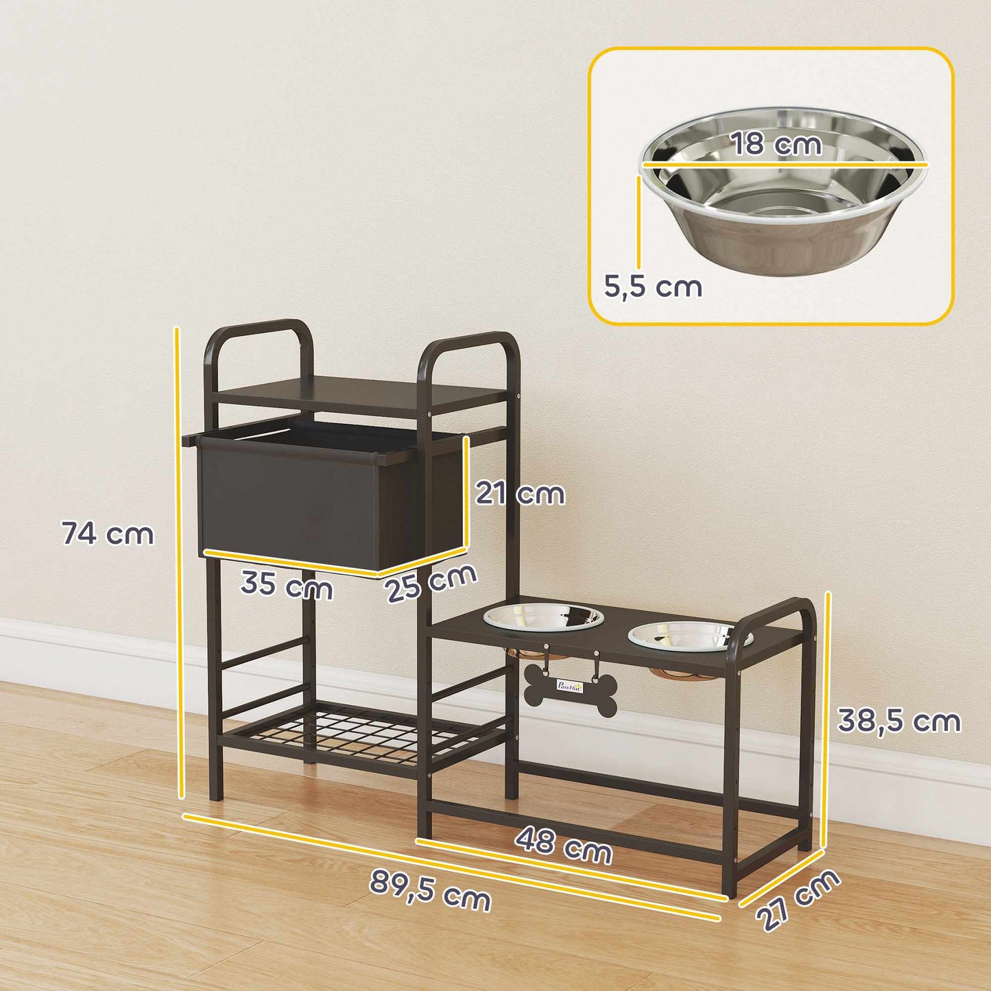Adjustable Elevated Dog Bowl Stand with Storage, 2x800ml